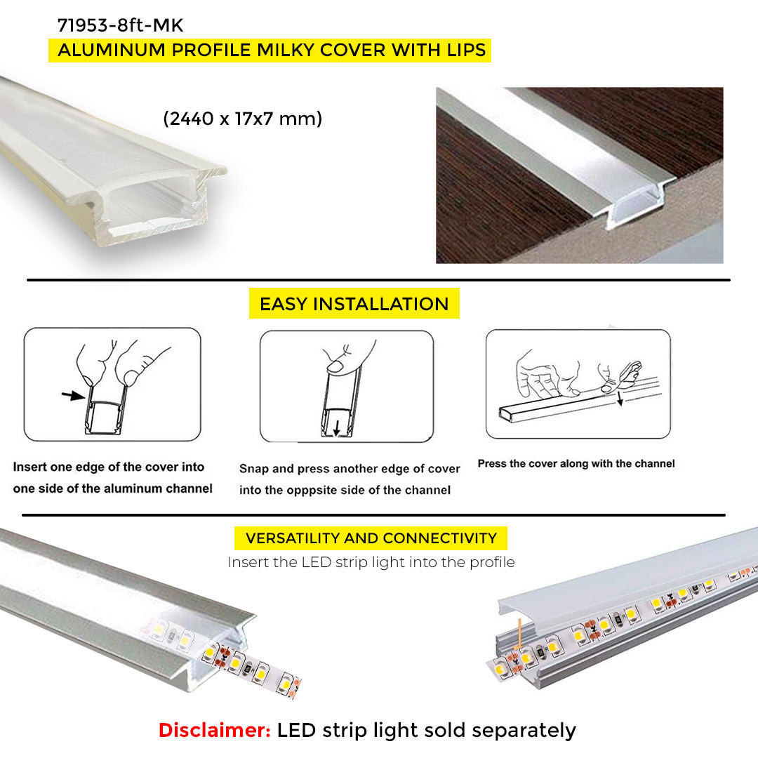 ALUMINUM PROFILE MILKY COVER WITH LIPS 8' (2440x17x7 mm)