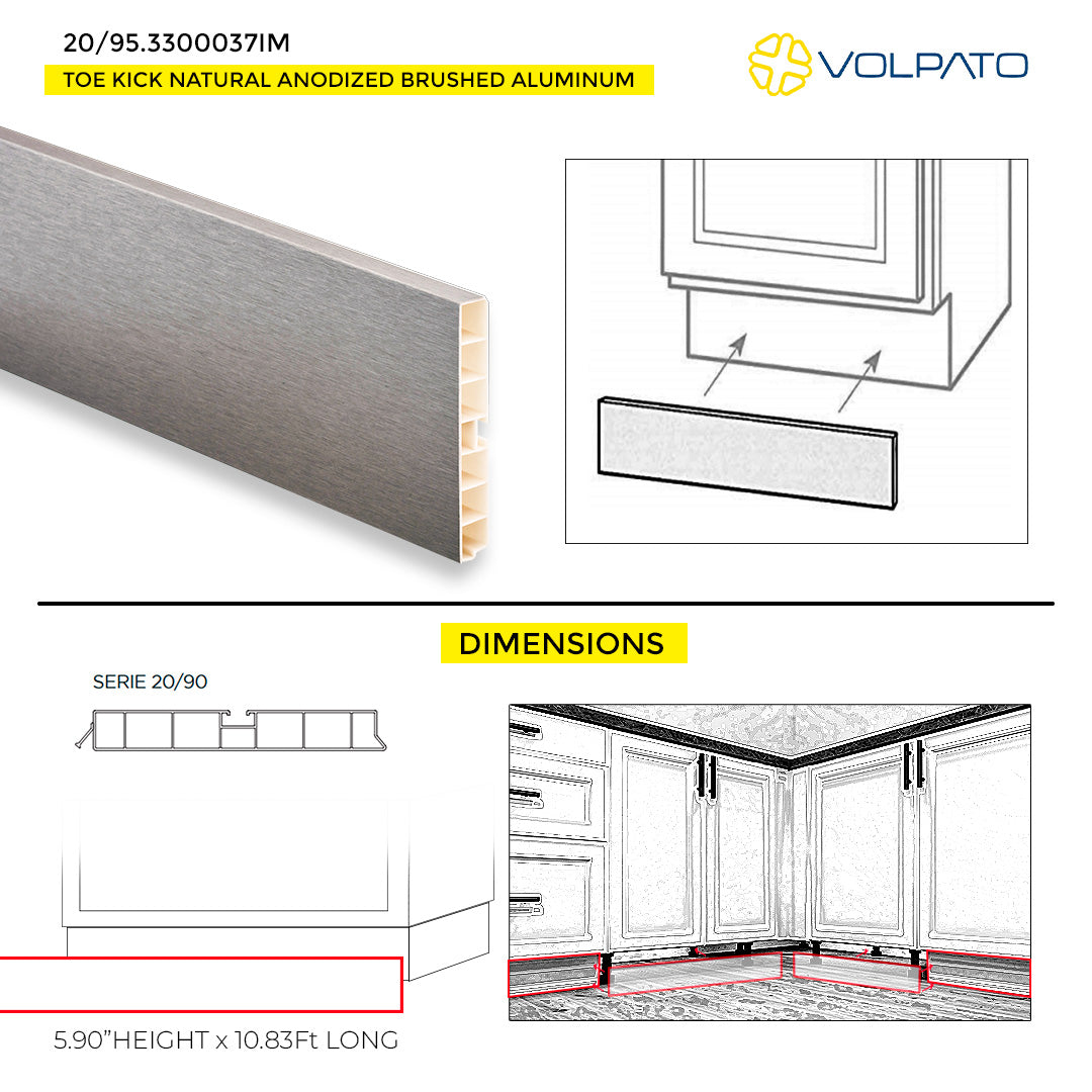 TOE KICK VOLPATO H150MM 5.90" H X 10.83' LONG ANODIZED BRUSHED ALUMINUM