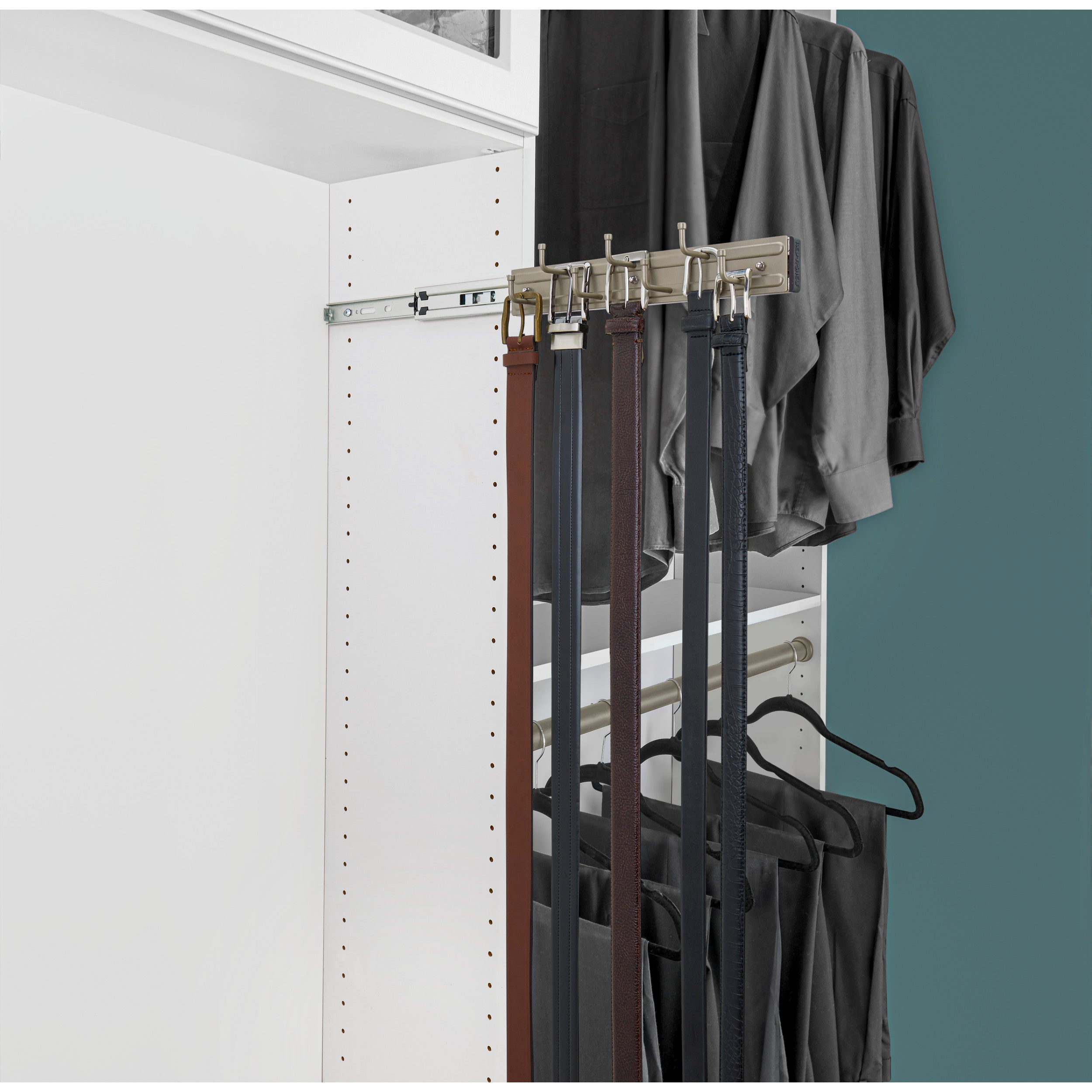 12 in Satin Nickel Pullout Belt Rack Satin Nickel  2.5 in (64 mm) W x 12 in (305 mm) D x 1.88 in (48 mm) H