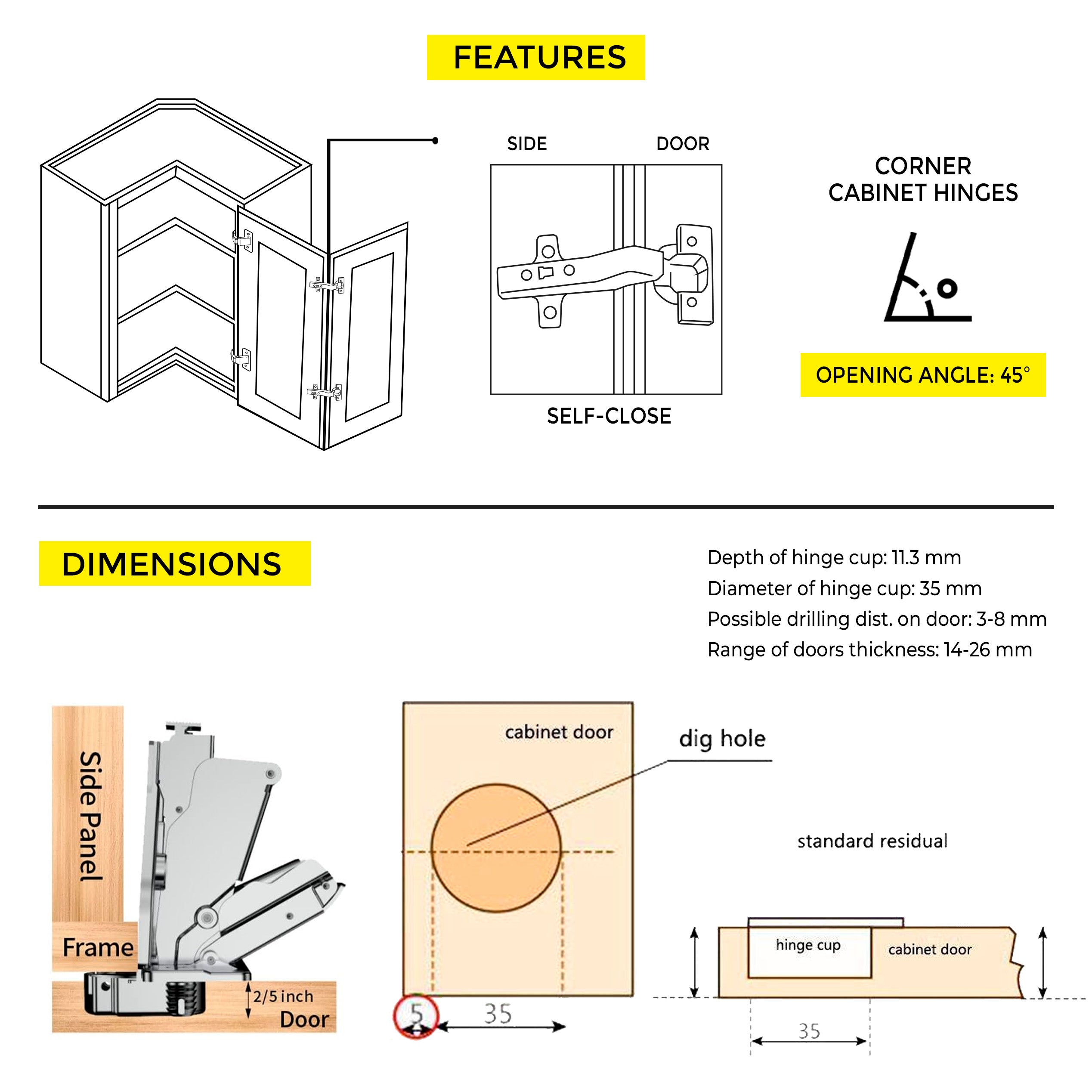 Clip-On Hinge 45°
