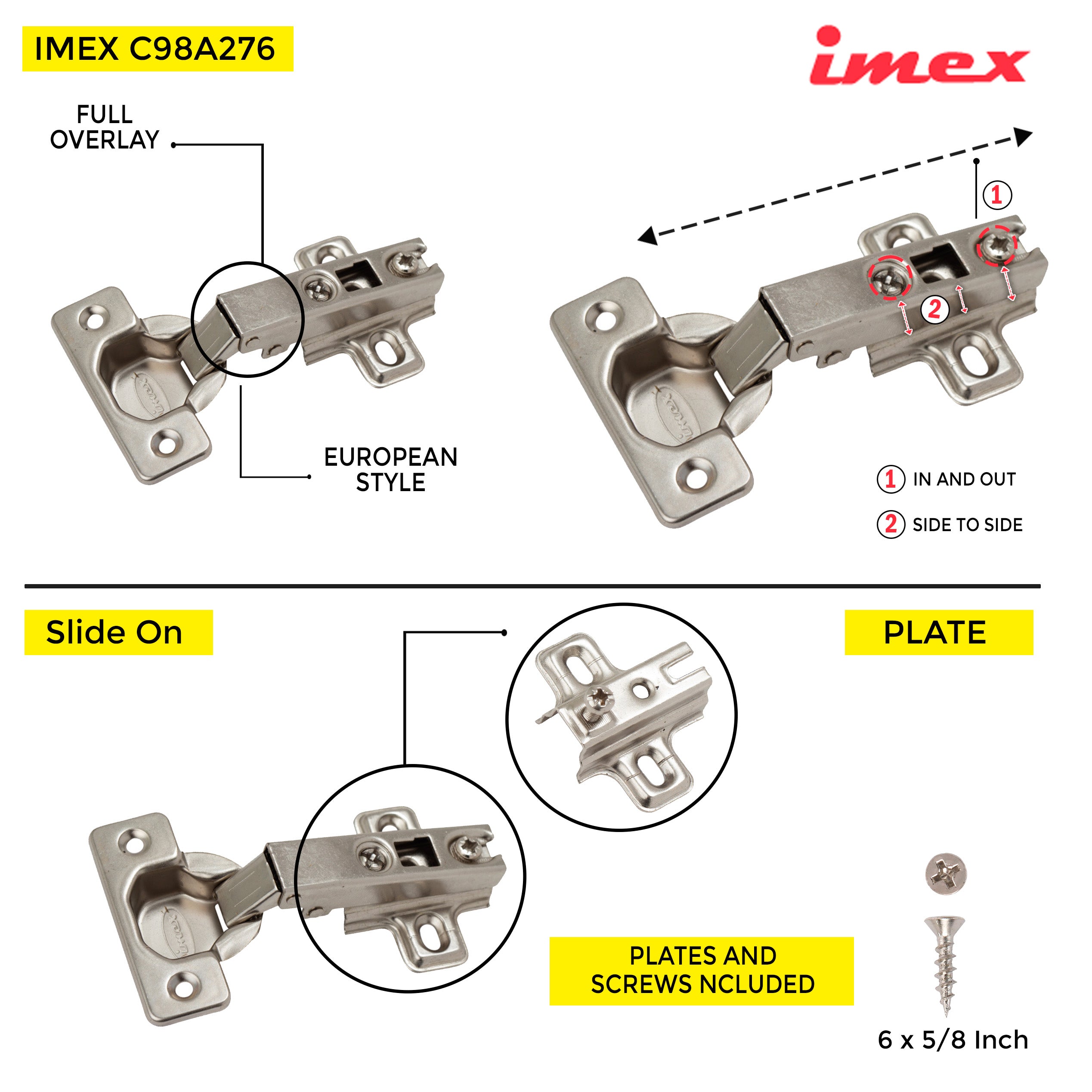 Slide-On Hinge Full Overlay Plate Includ