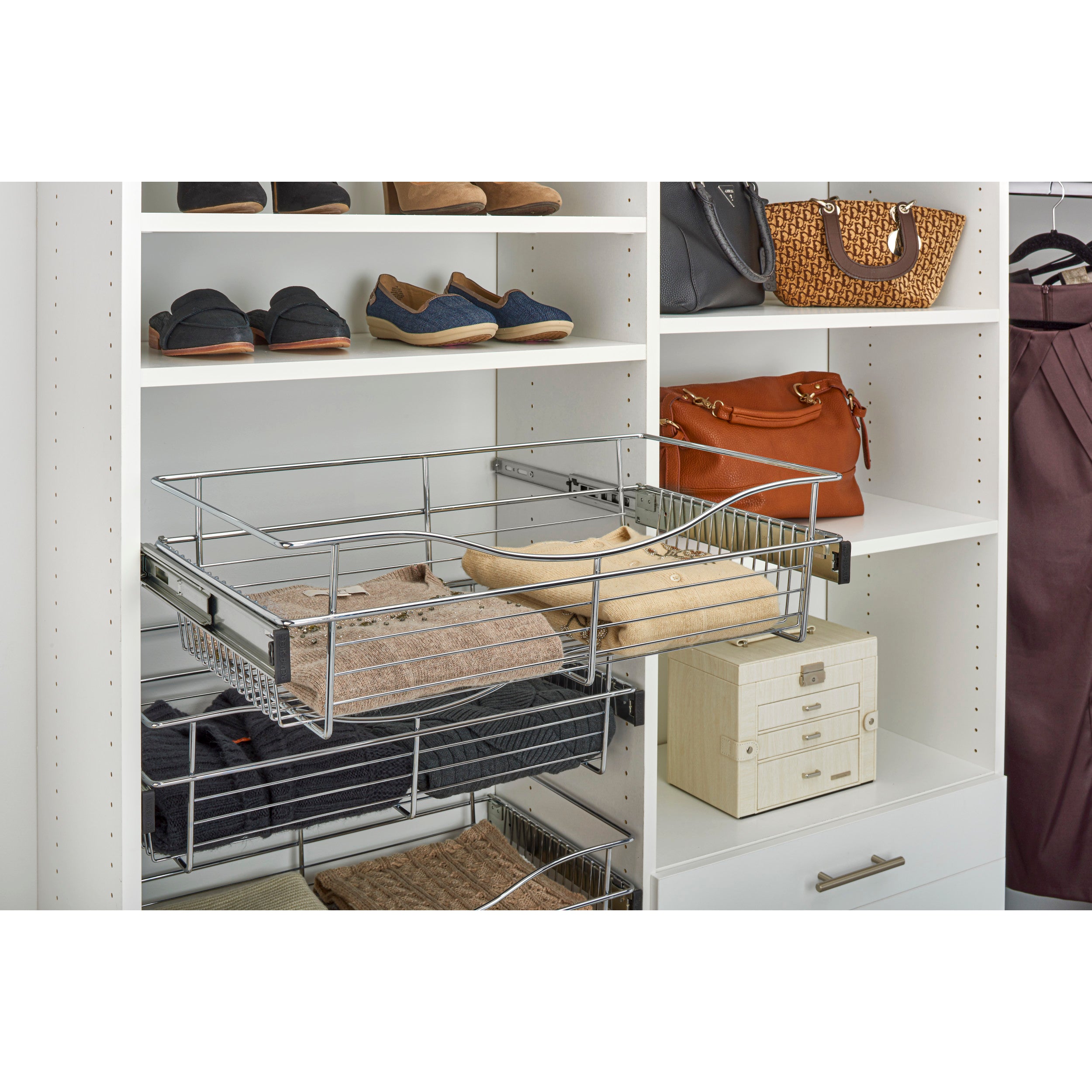 18 in Chrome Closet Pullout Basket Chrome  18 in (457 mm) W x 16 in (406 mm) D x 7 in (178 mm) H