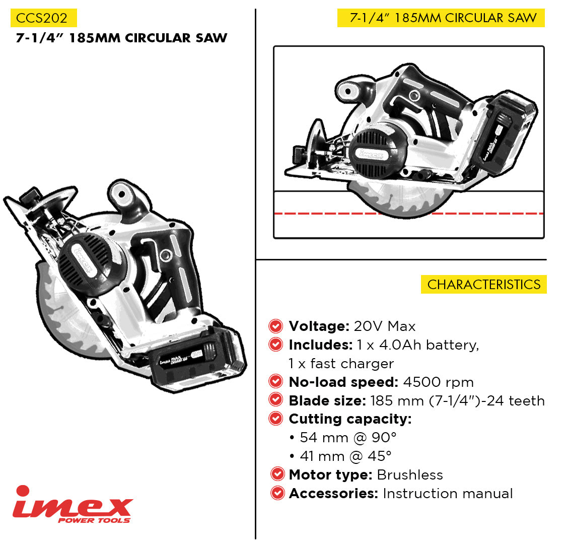 7-1/4" 20V Cordless Brushless Circular Saw with Battery and Charger ? IMEX Power Tools