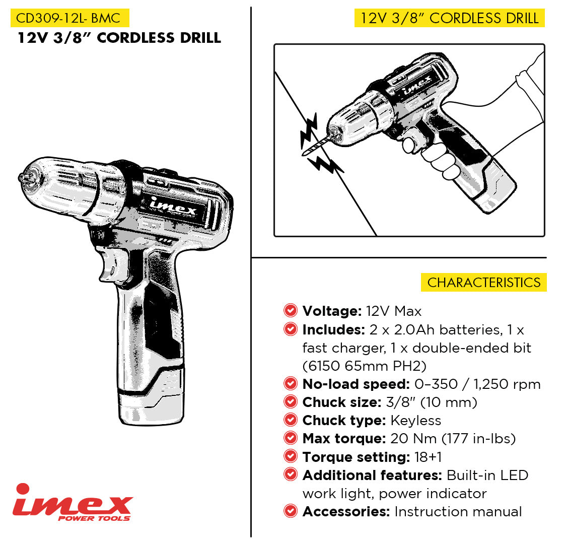 12V 3/8" Cordless Drill with Dual Battery and Charger ? IMEX Power Tools