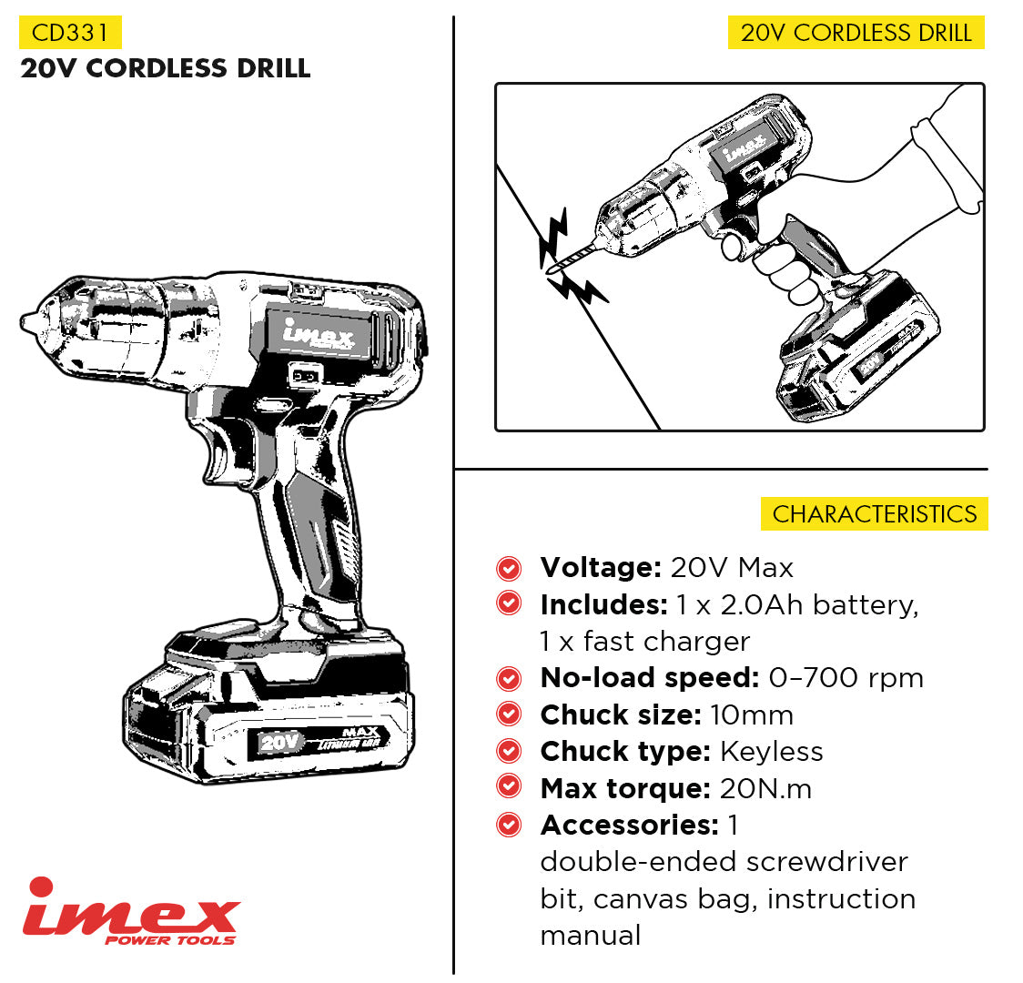 20V Cordless Drill with Battery and Charger IMEX Power Tools