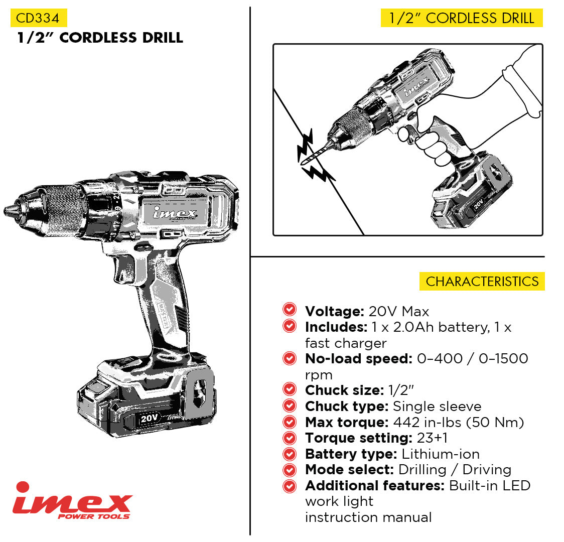 1/2" 20V Cordless Drill with Battery and Charger ? IMEX Power Tools