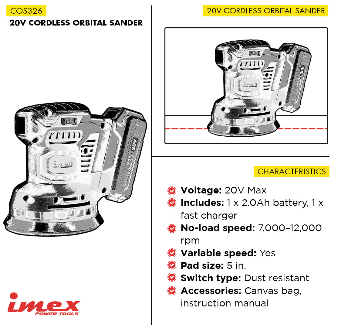 20V Cordless Orbital Sander with Battery and Charger ? IMEX Power Tools