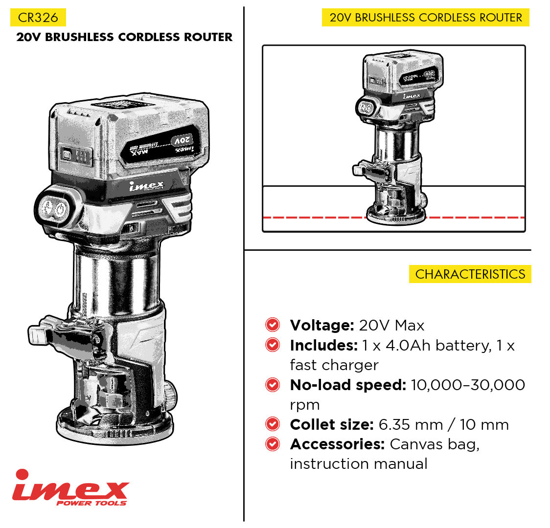 20V Brushless Cordless Router with Battery and Charger ? IMEX Power Tools