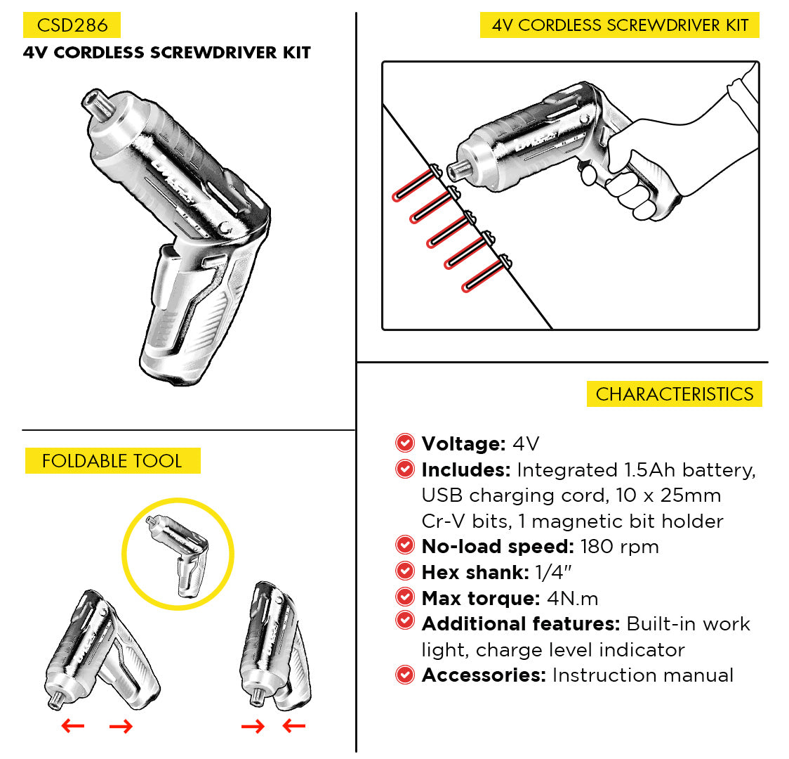 4V Cordless Screwdriver Kit with Integrated Battery ? IMEX Power Tools