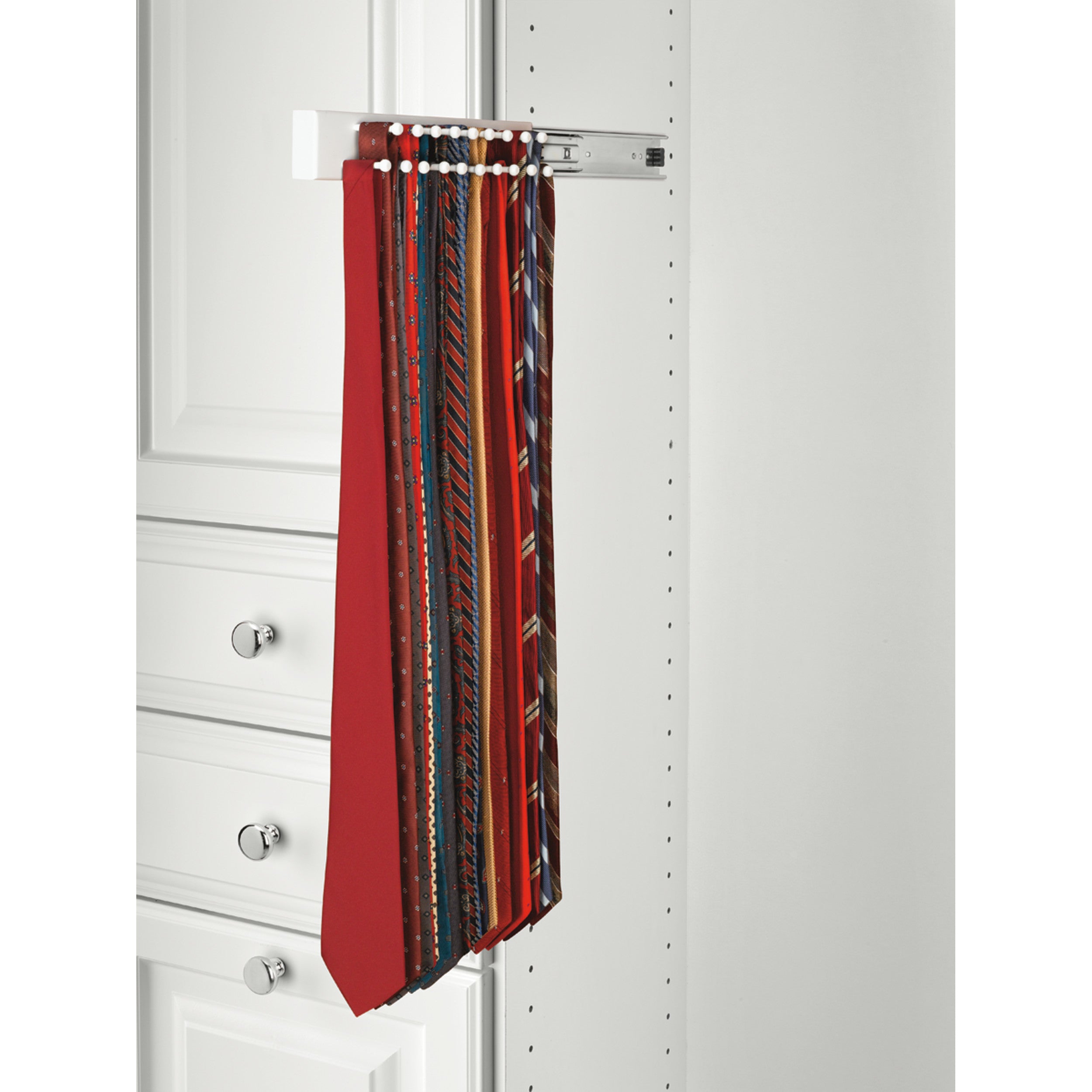 14 in White Side mount Tie Rack White  3.06 in (78 mm) W x 13.88 in (353 mm) D x 2.25 in (57 mm) H