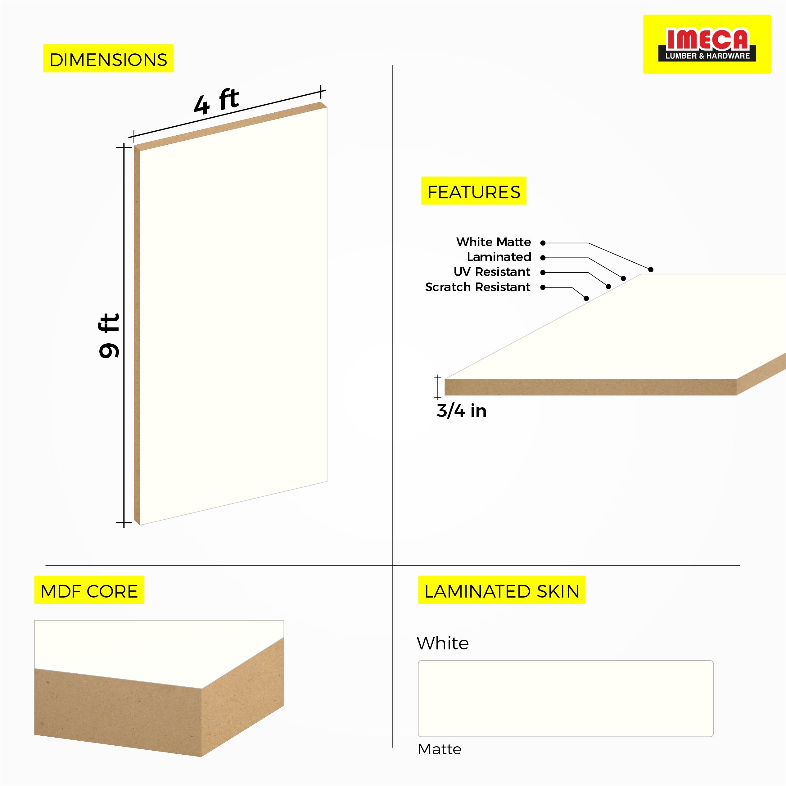 MDF WHITE  MATTE SOFT TOUCH  4X9 3/4 AGT 734