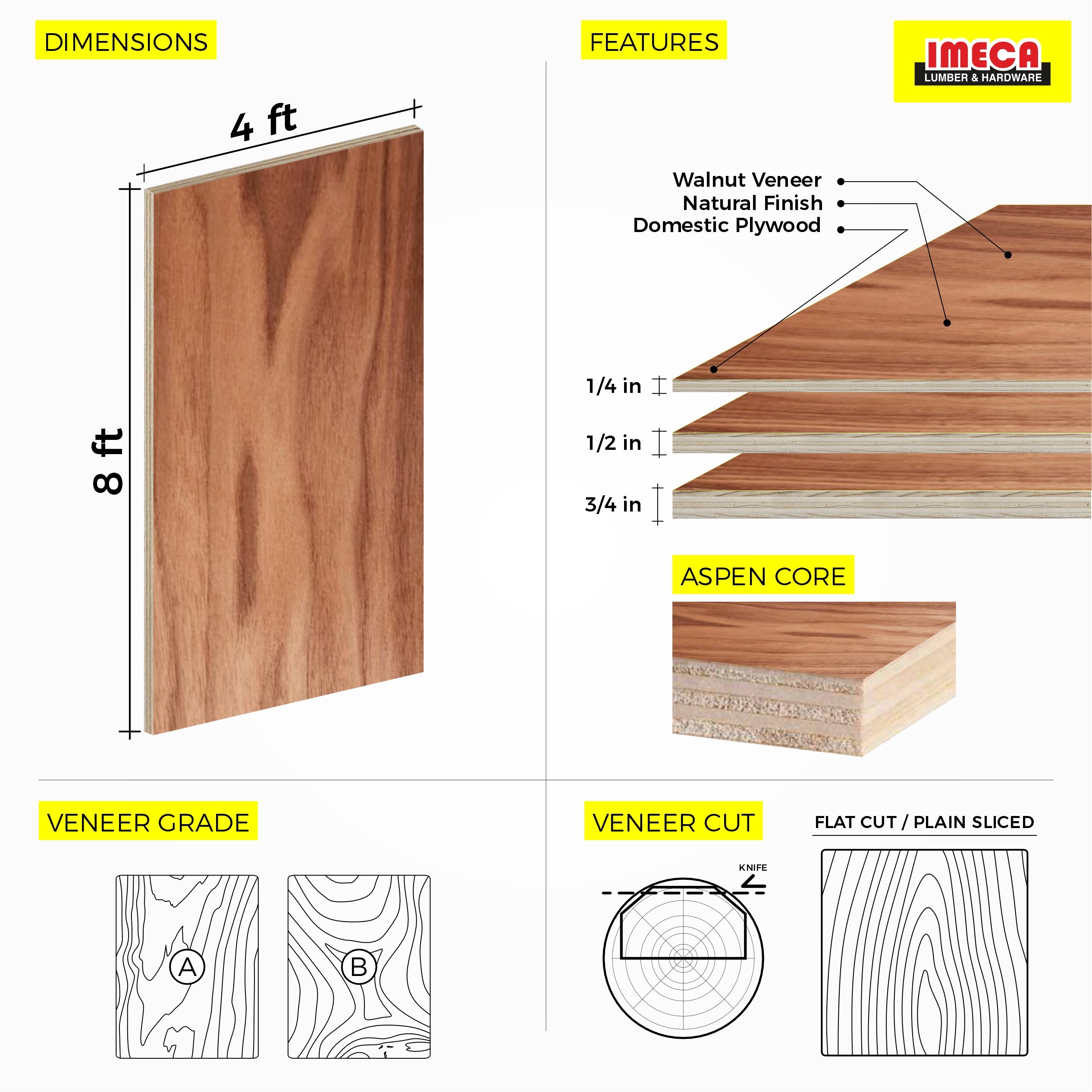 Walnut Plywood, Plain Sliced Veneer 4 ft x 8 ft