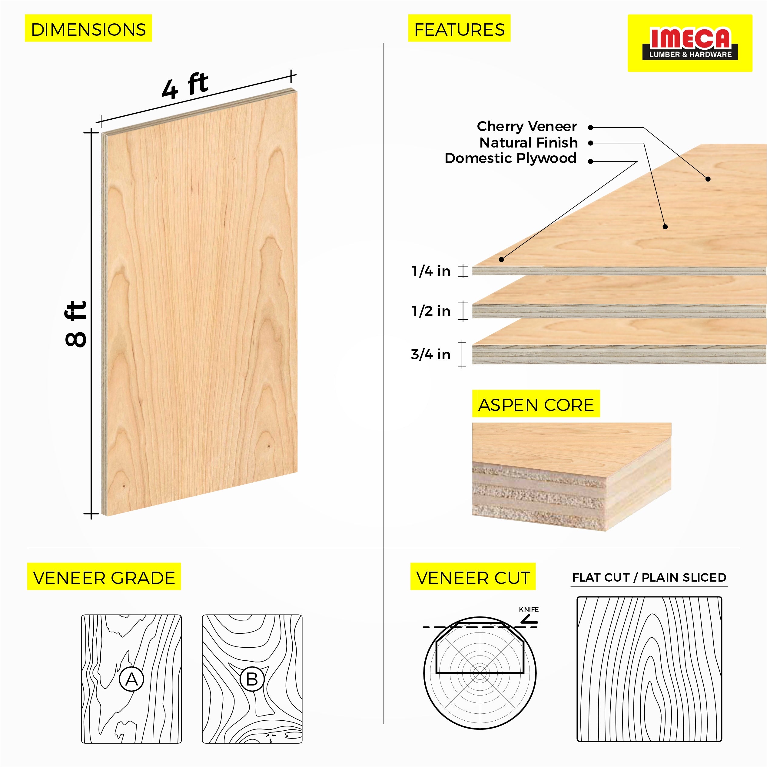 Cherry Plywood, Plain Sliced Veneer 4 ft x 8 ft
