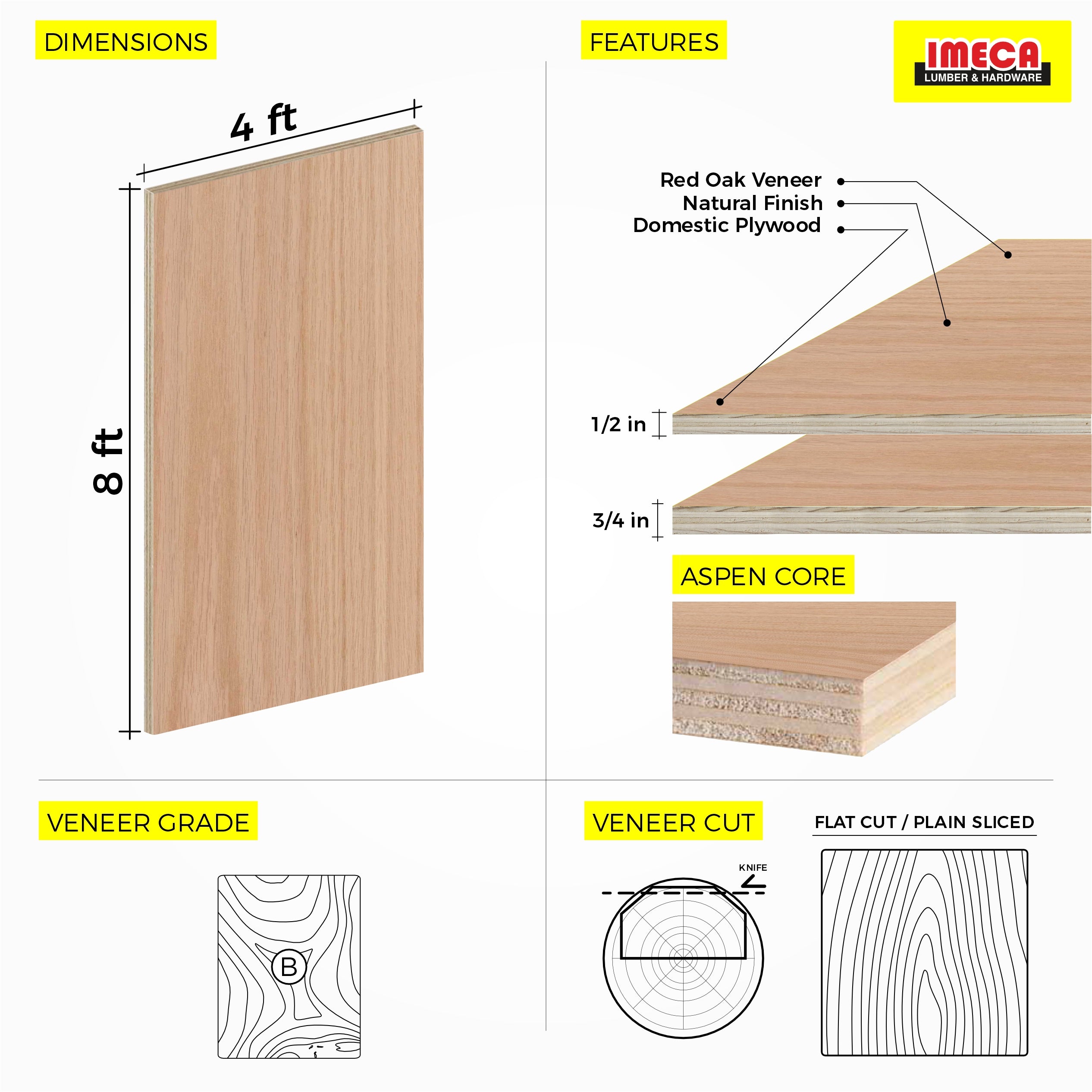 Red Oak Plywood, Plain Sliced Veneer 4 ft x 8 ft