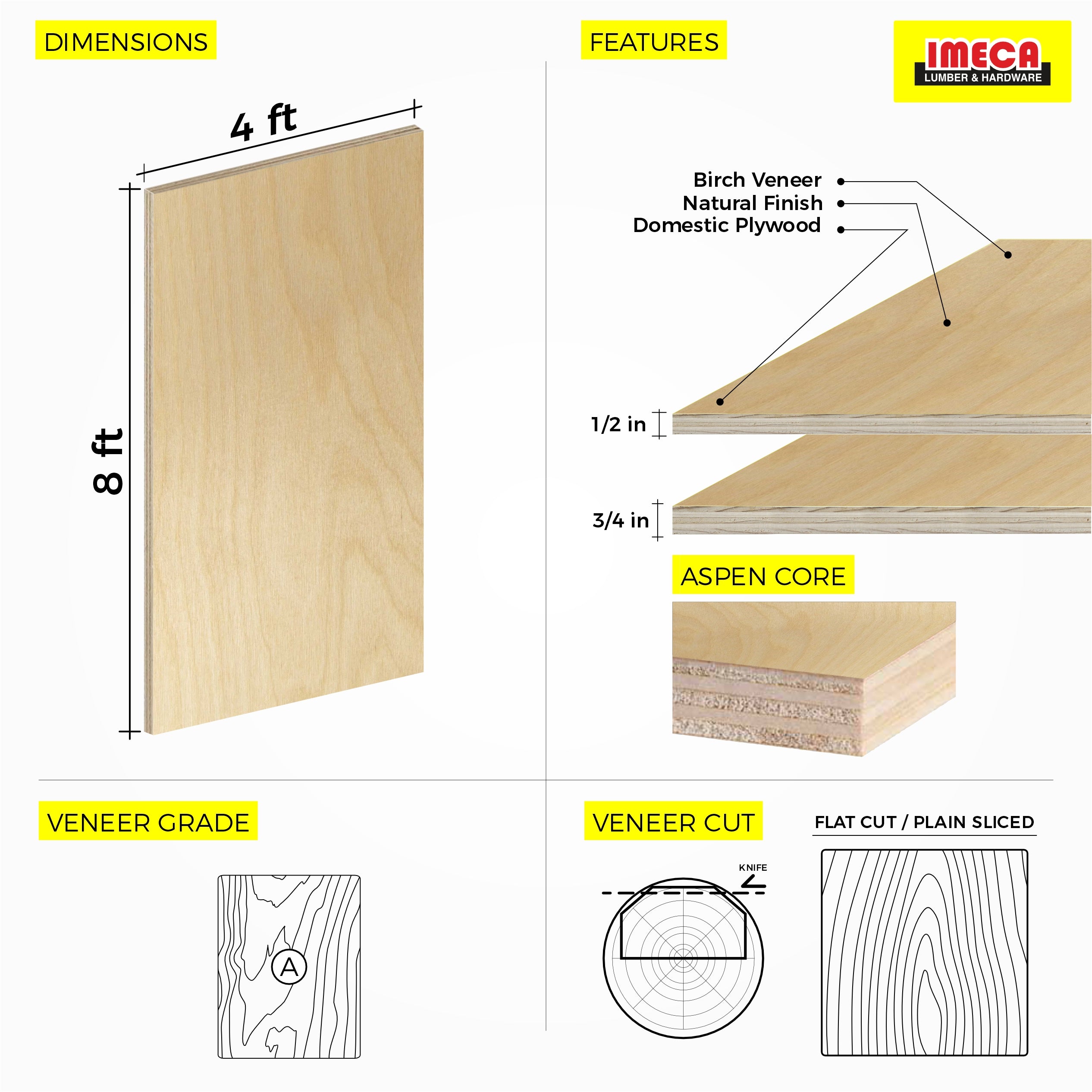 Birch Plywood, Plain Sliced Veneer 4 ft x 8 ft