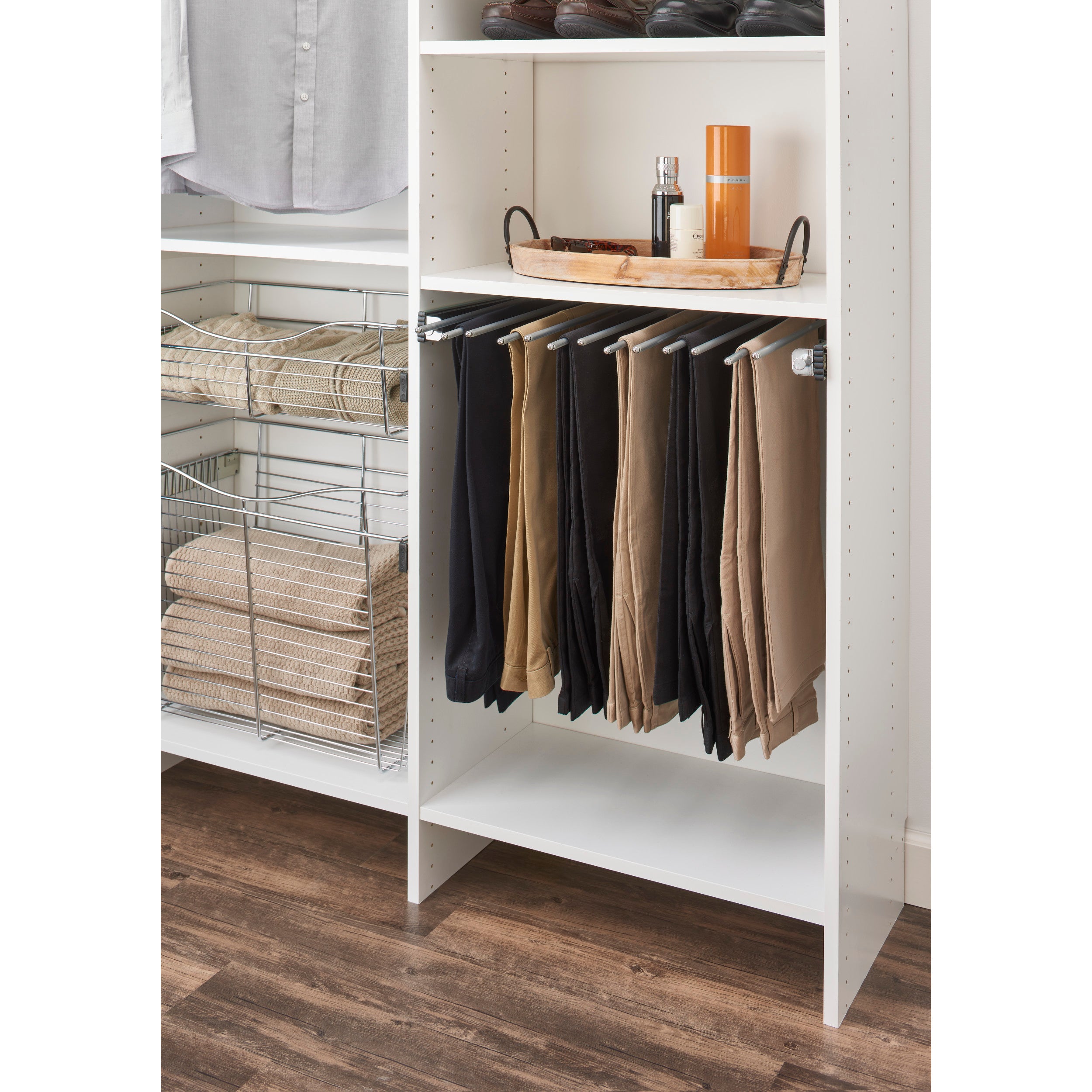 24 in Chrome Pullout Pants Rack w/13 pants rods Chrome  23.75 in (603 mm) W x 14 in (356 mm) D x 3 in (76 mm) H