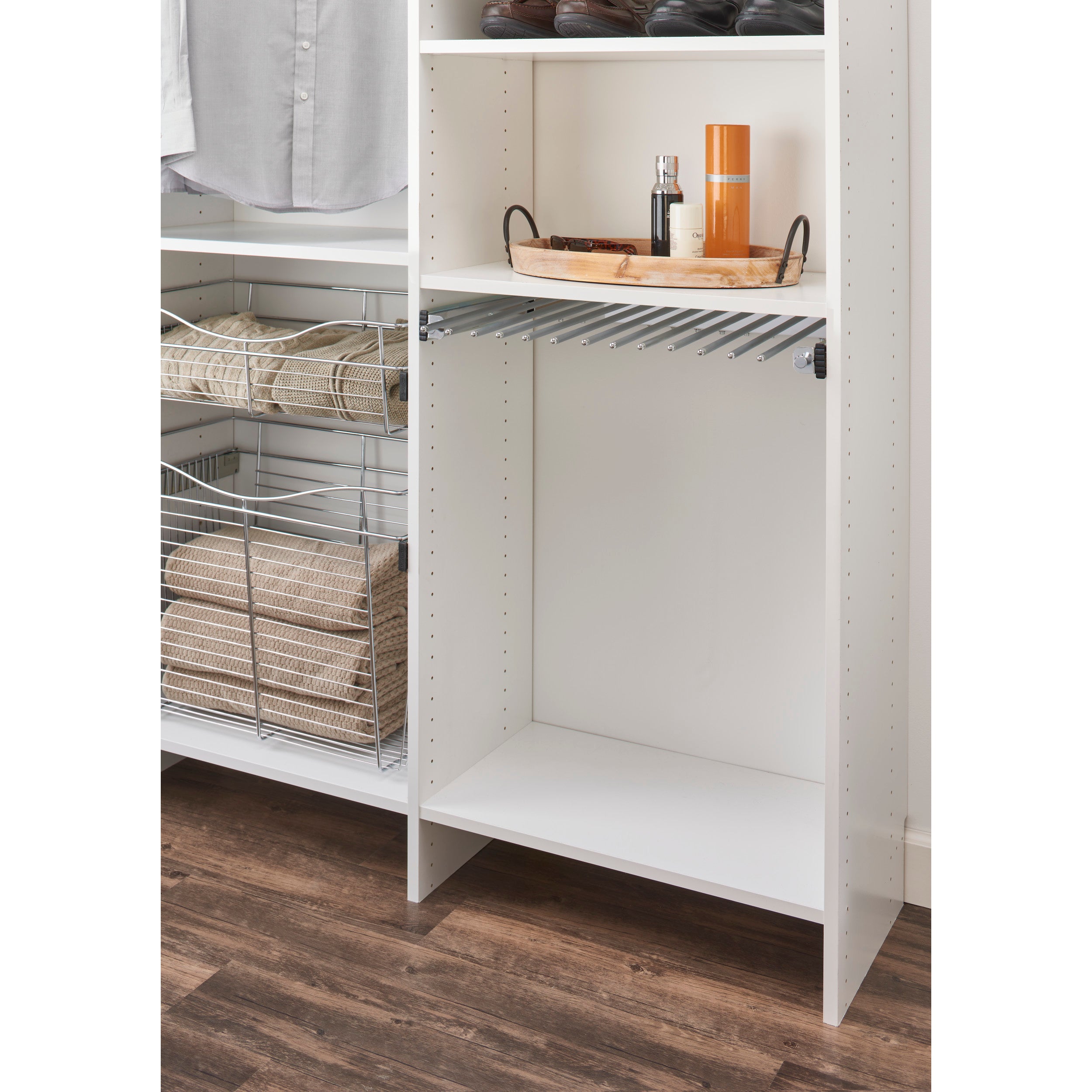 30 in Chrome Pullout Pants Rack w/16 pants rods Chrome  29.75 in (756 mm) W x 14 in (356 mm) D x 3 in (76 mm) H
