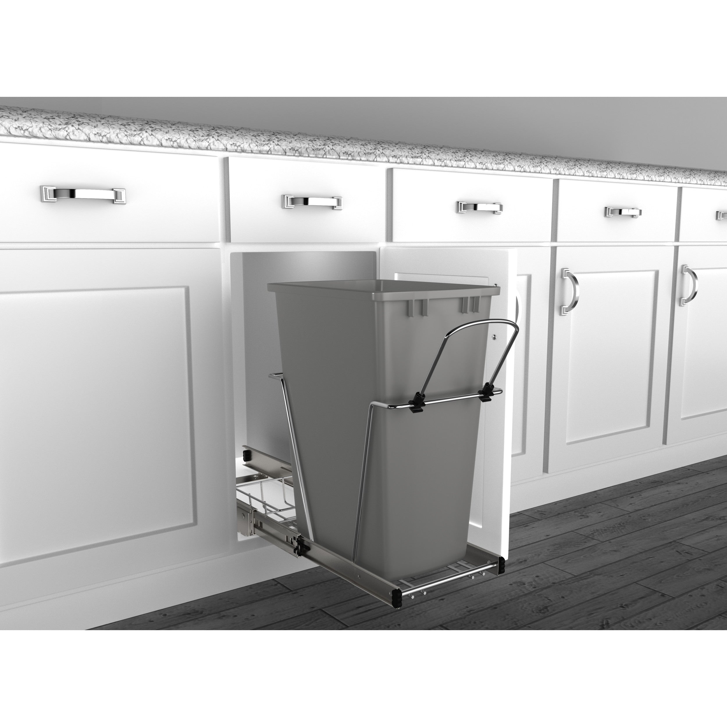 35 Qrt Pull-Out Waste Container Metallic Silver  10.63 in (270 mm) W x 22 in (559 mm) D x 19.25 in (489 mm) H