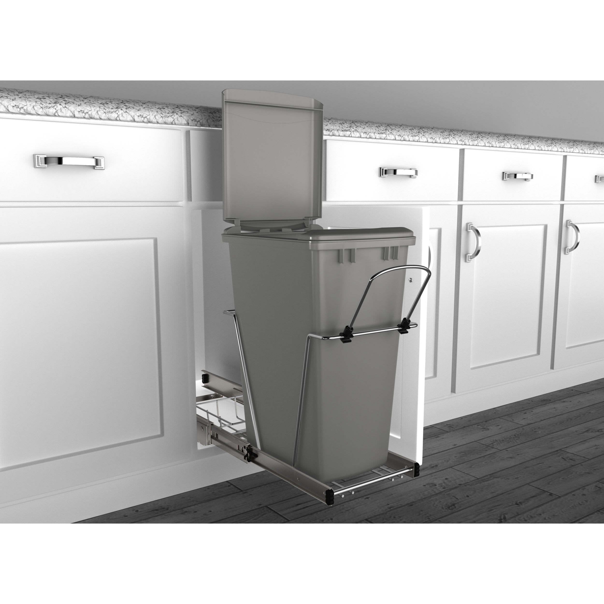 35 Qrt Pull-Out Waste Container Metallic Silver  10.63 in (270 mm) W x 22 in (559 mm) D x 19.25 in (489 mm) H
