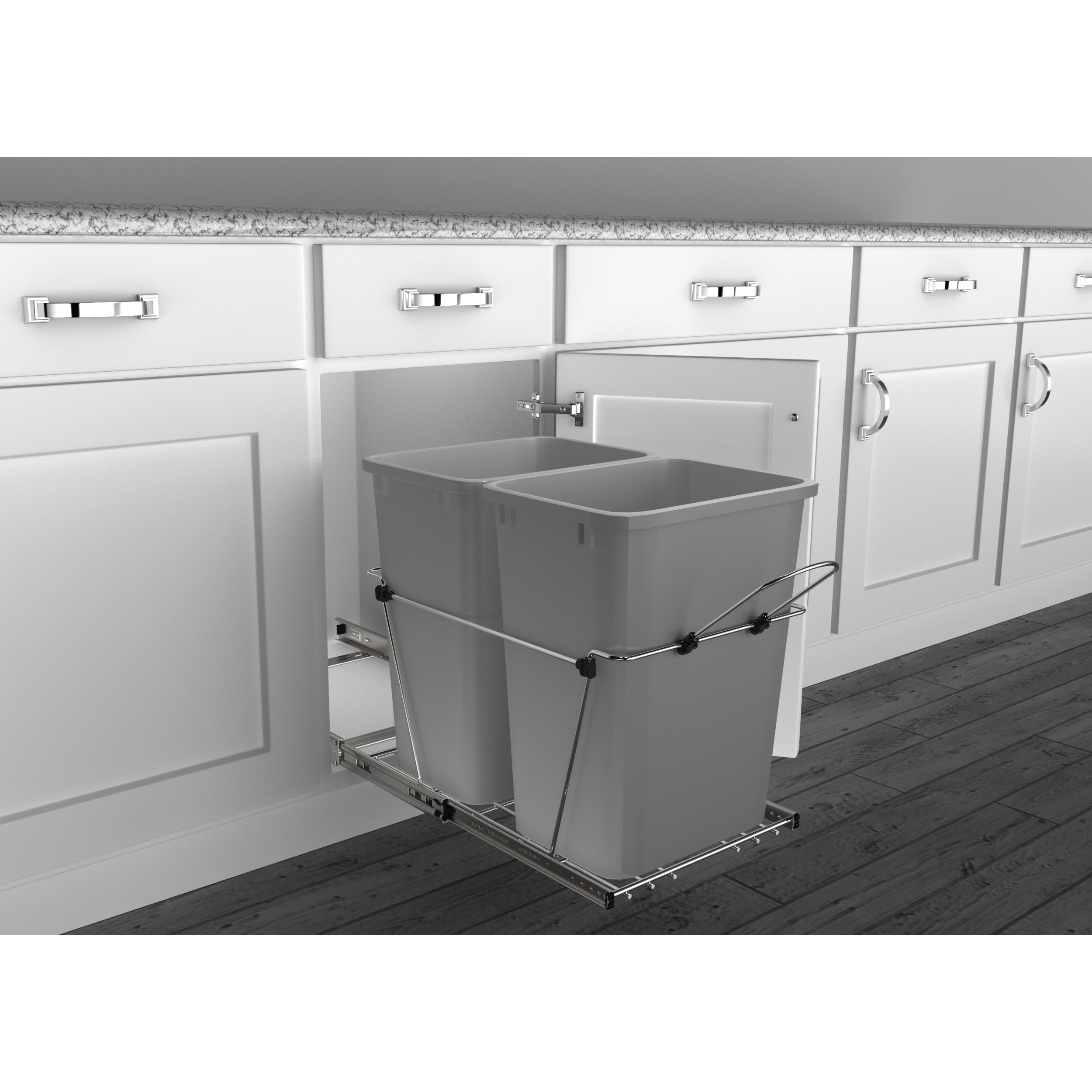 Double 35 Qrt Pull-Out Waste Containers Metallic Silver  14.38 in (365 mm) W x 22 in (559 mm) D x 19.25 in (489 mm) H