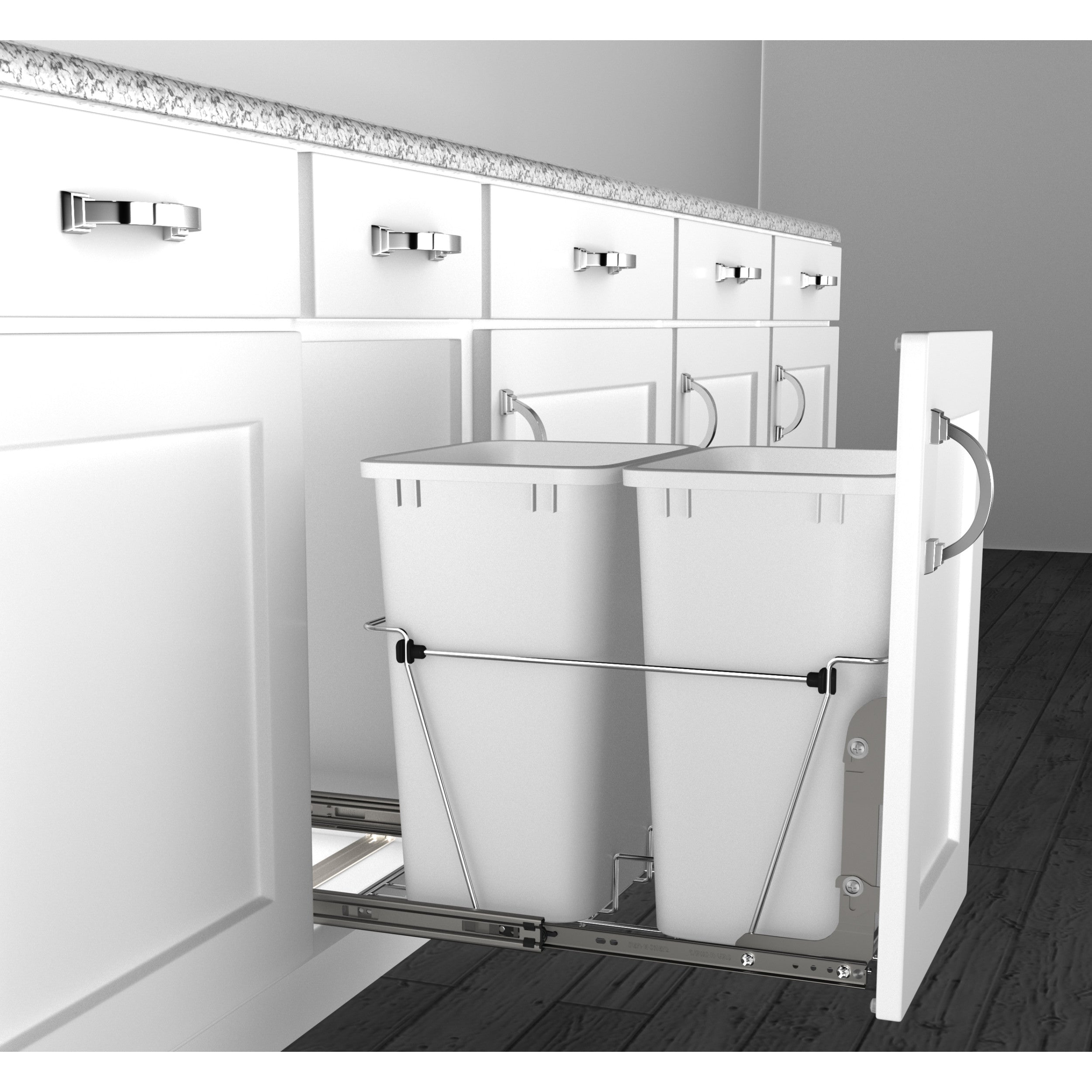 Double 35 Qrt Pull-Out Waste Containers Metallic Silver  14.38 in (365 mm) W x 22 in (559 mm) D x 19.25 in (489 mm) H