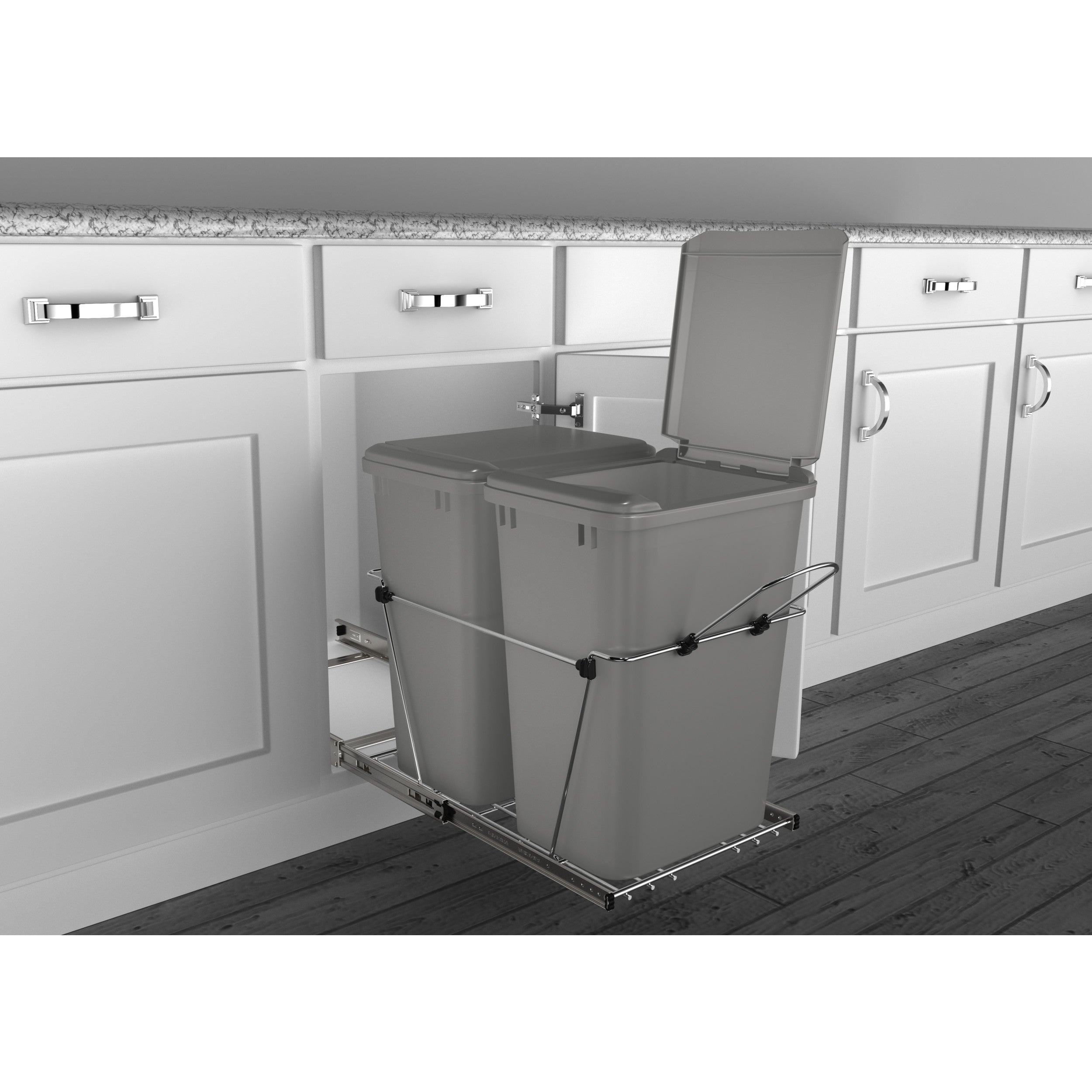 Double 35 Qrt Pull-Out Waste Containers Metallic Silver  14.38 in (365 mm) W x 22 in (559 mm) D x 19.25 in (489 mm) H