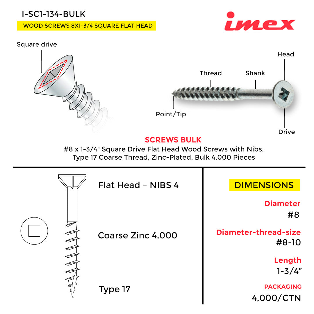 WOOD SCREWS IMEX SQUARE FLAT HEAD WITH NIBS #8 1-3/4" TYPE 17 COARSE ZINC 4.000 BULK