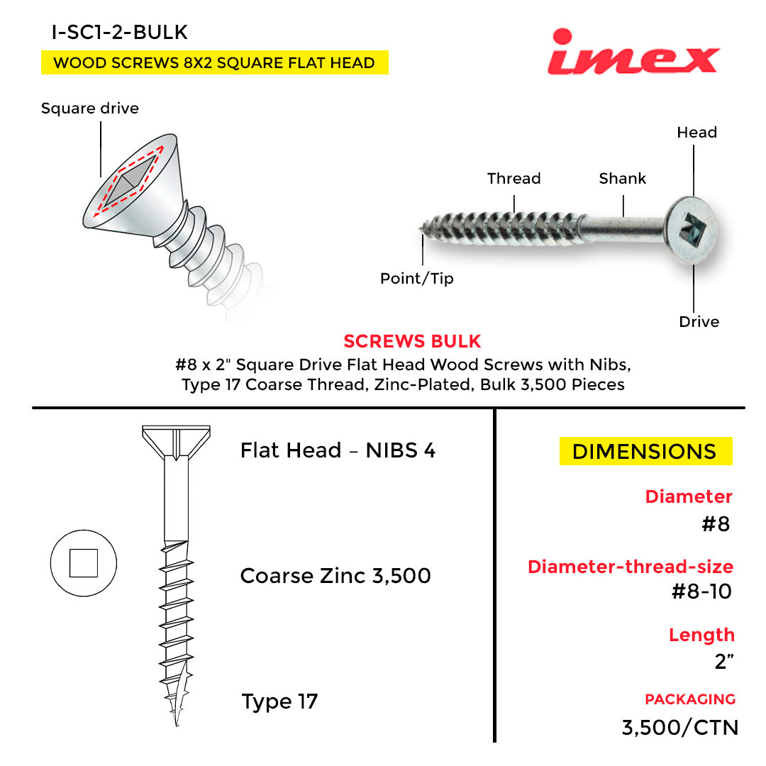 WOOD SCREWS IMEX SQUARE FLAT HEAD WITH NIBS #8 2" TYPE 17 COARSE ZINC 3.500 BULK