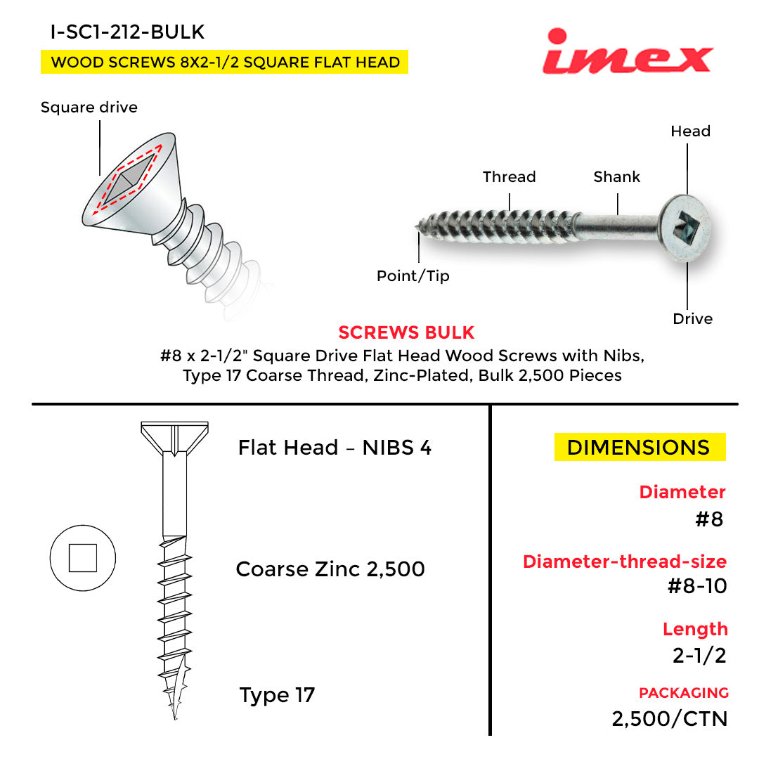 WOOD SCREWS IMEX SQUARE FLAT HEAD WITH NIBS #8 2-1/2" TYPE 17 COARSE ZINC 2.500 BULK