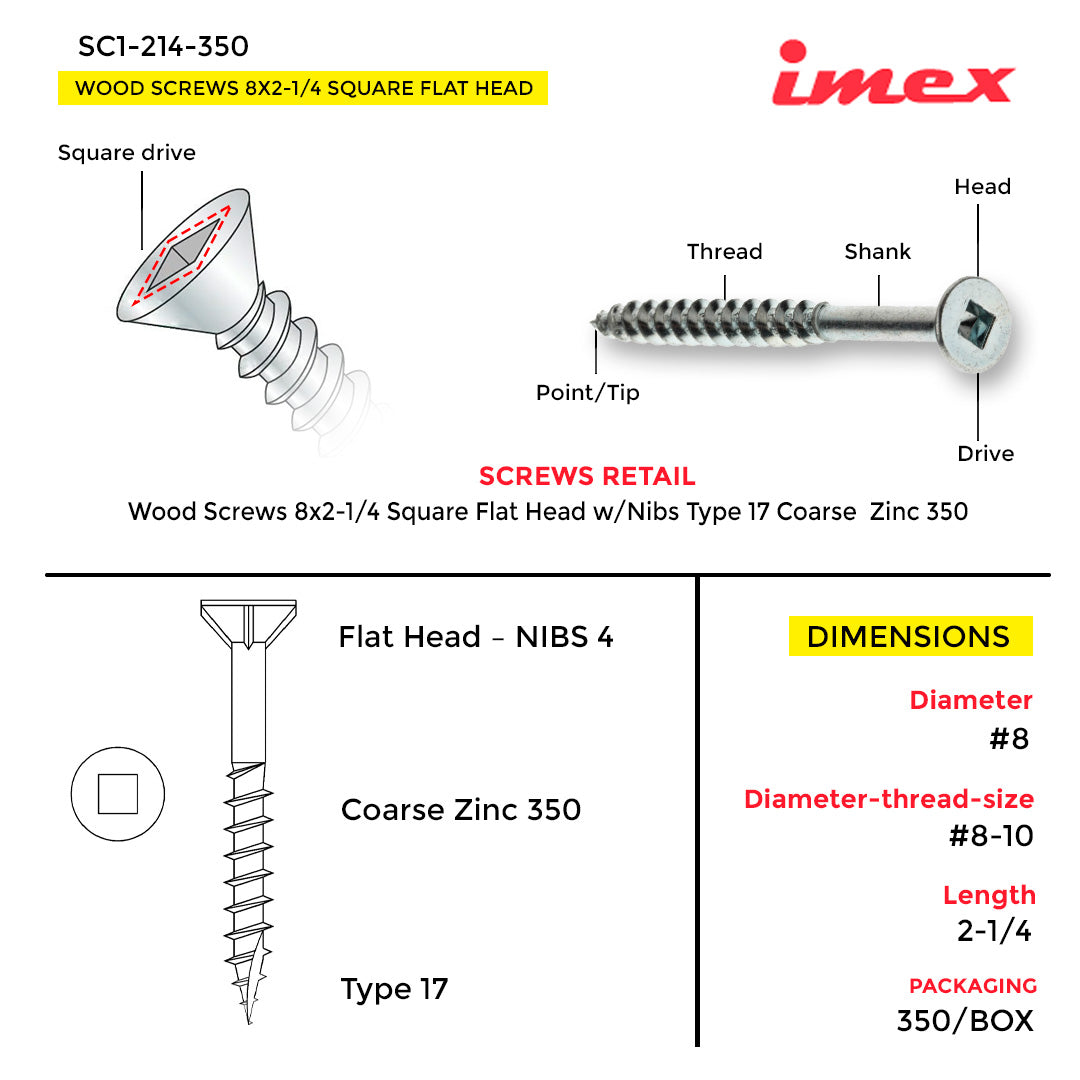 WOOD SCREWS IMEX SQUARE FLAT HEAD WITH NIBS #8 2-1/4" TYPE 17 COARSE ZINC 350 BOX