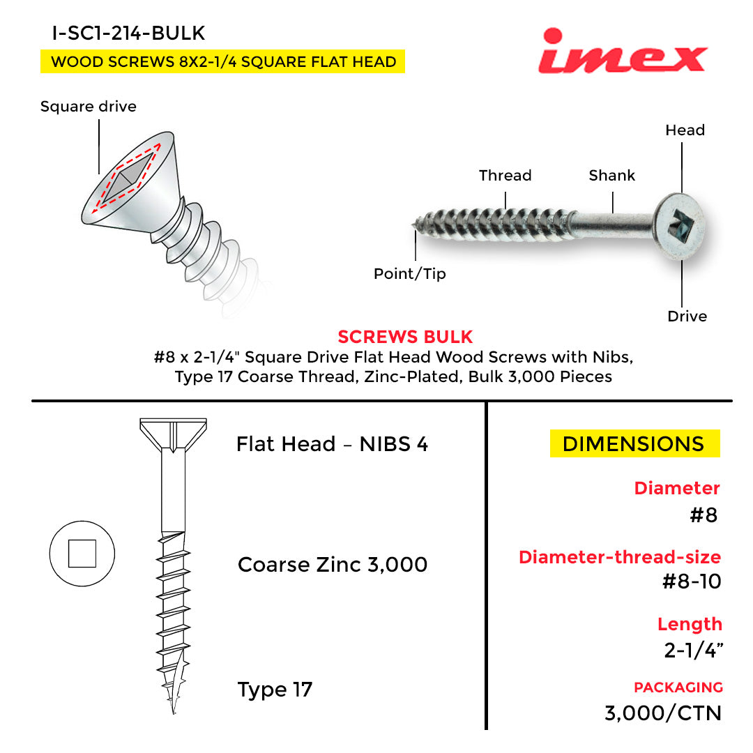 WOOD SCREWS IMEX SQUARE FLAT HEAD WITH NIBS #8 2-1/4" TYPE 17 COARSE ZINC 3.000 BULK