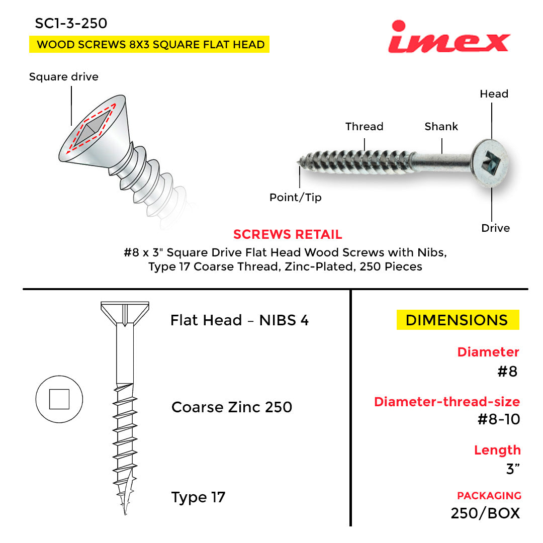 WOOD SCREWS IMEX SQUARE FLAT HEAD WITH NIBS #8 3" TYPE 17 COARSE ZINC 250 BOX