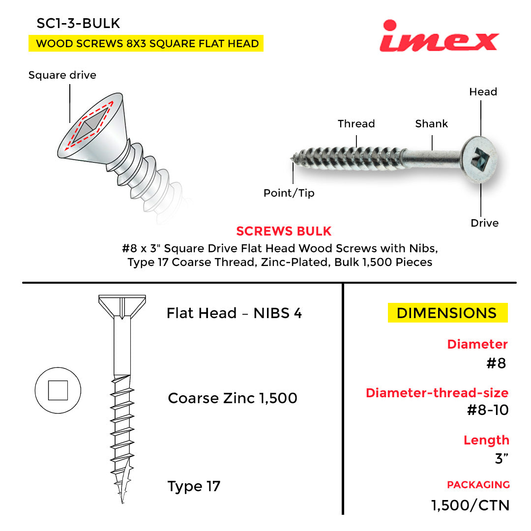WOOD SCREWS IMEX SQUARE FLAT HEAD WITH NIBS #8 3" TYPE 17 COARSE ZINC 1.500 BULK