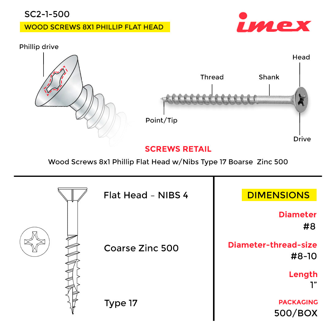 WOOD SCREWS IMEX PHILLIP FLAT HEAD WITH NIBS #8 1" TYPE 17 COARSE ZINC 500 BOX