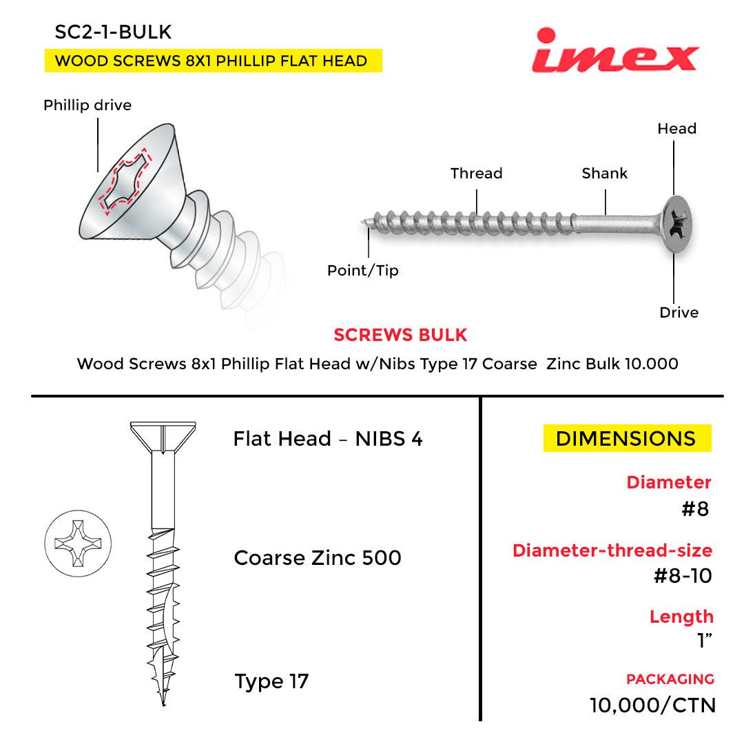 WOOD SCREWS IMEX PHILLIP FLAT HEAD WITH NIBS #8 1" TYPE 17 COARSE ZINC 10.000 BULK