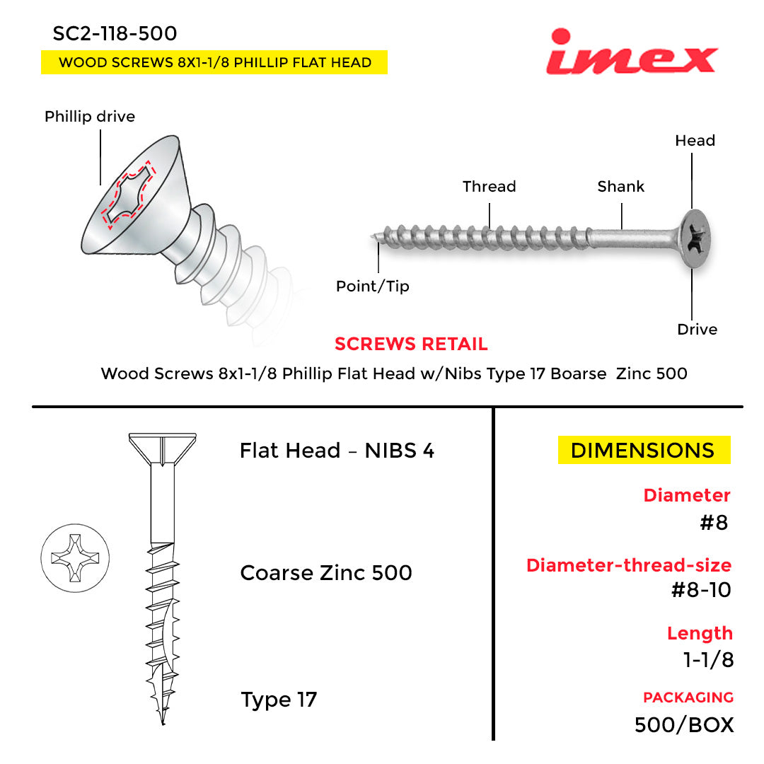 WOOD SCREWS IMEX PHILLIP FLAT HEAD WITH NIBS #8 1-1/8" TYPE 17 COARSE ZINC 500 BOX