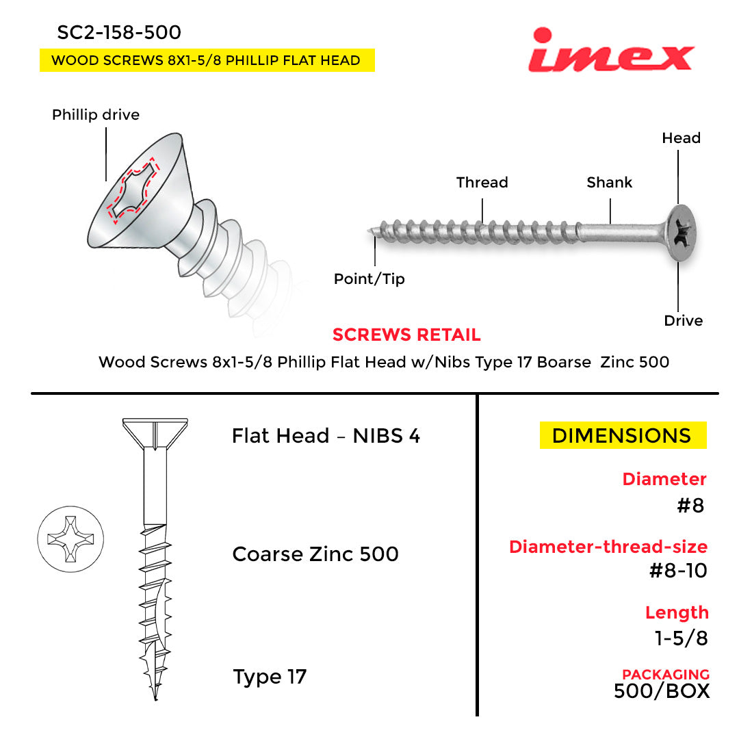 WOOD SCREWS IMEX PHILLIP FLAT HEAD WITH NIBS #8 1-5/8" TYPE 17 COARSE ZINC 500 BOX