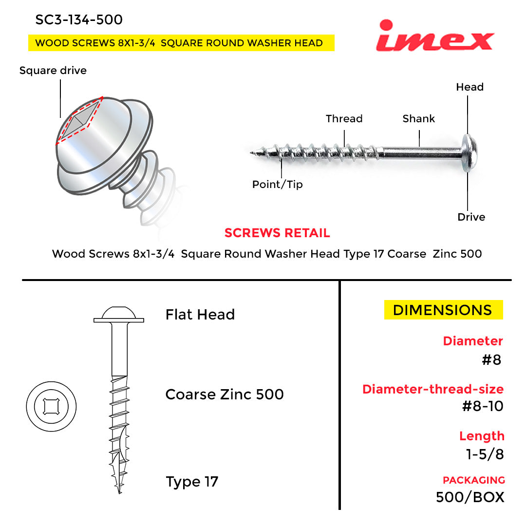WOOD SCREWS IMEX SQUARE ROUND WASHER WITH NIBS #8 2" TYPE 17 COARSE ZINC 500 BOX