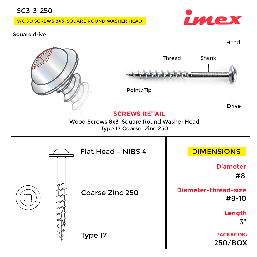WOOD SCREWS IMEX SQUARE ROUND WASHER WITH NIBS #8 3" TYPE 17 COARSE ZINC 250 BOX