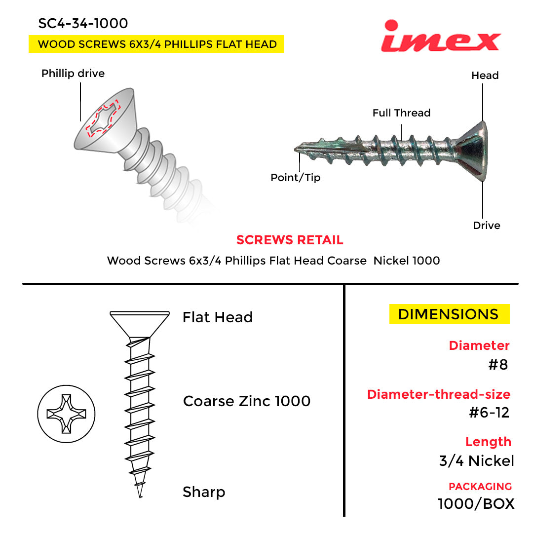 WOOD SCREWS IMEX PHILLIP FLAT HEAD #6 3/4" COARSE NICKEL 1000 BOX
