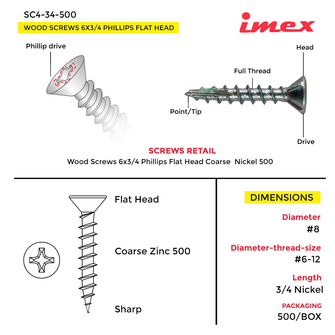WOOD SCREWS IMEX PHILLIP FLAT HEAD #6 3/4" COARSE NICKEL 500 BOX