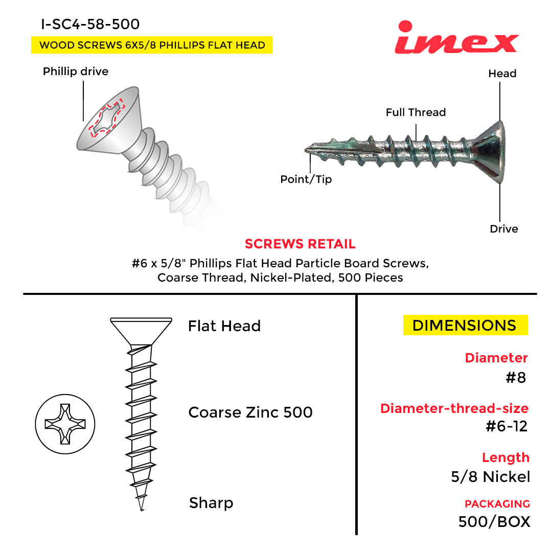 WOOD SCREWS 6X5/8 PHILLIPS FLAT HEAD COARSE  NICKEL 500