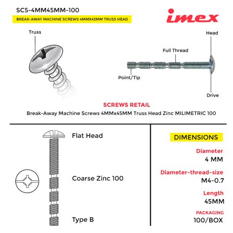 BREAK-AWAY MACHINE SCREWS 4MMX45MM TRUSS HEAD ZINC MILIMETRIC 100