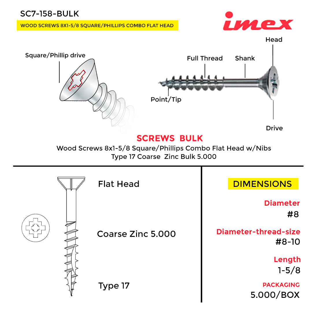 WOOD SCREWS 8X1-5/8 SQUAERE/PHILLIPS COMBO FLATHEAD W/NIBS TYPE 17 COARSE ZINC BULK 5.000