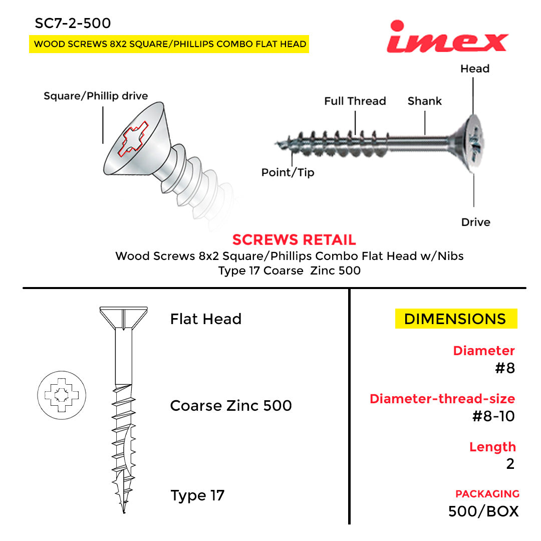 WOOD SCREWS 8X2 SQUAERE/PHILLIPS COMBO FLATHEAD W/NIBS TYPE 17 COARSE ZINC 500