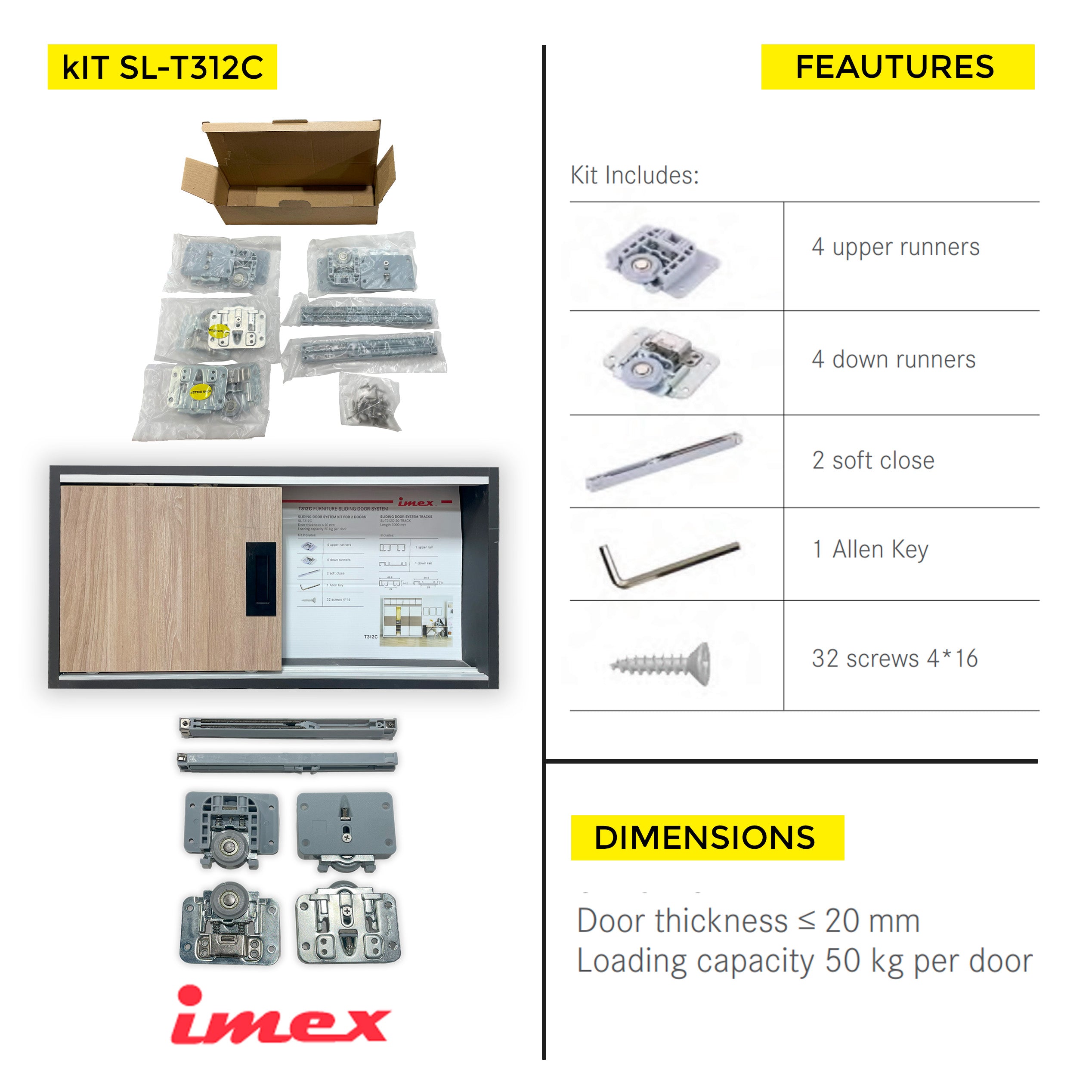 SLIDING DOOR SYSTEM KIT FOR 2 20MM 50KG