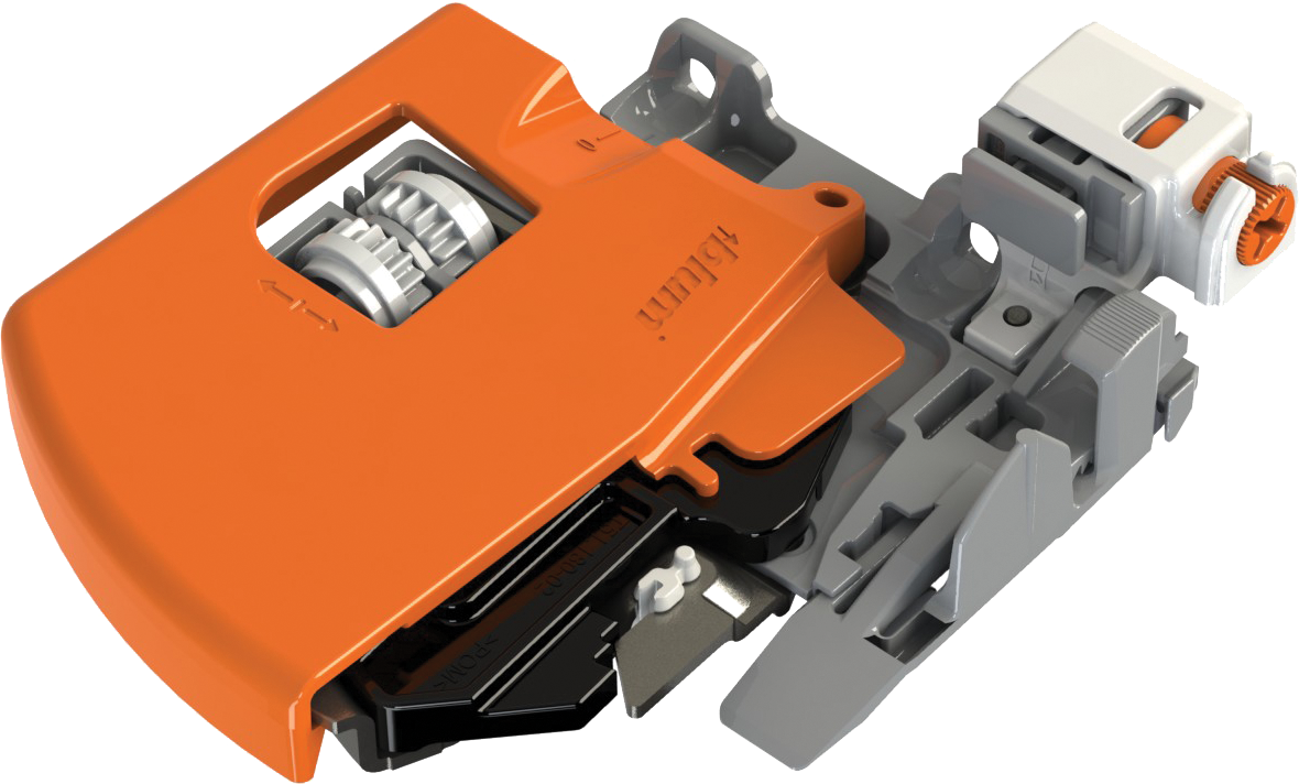Locking device for TANDEM plus BLUMOTION 563/9 drawer runners Integrated side adjustment Depth adj. (Left) Orange
