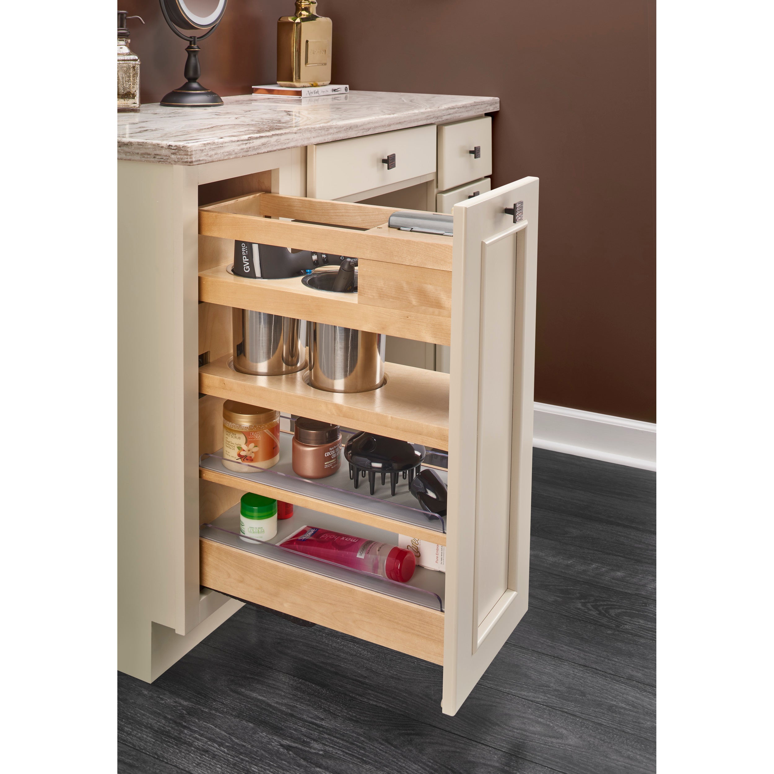 9 in Vanity Outlet Pull Out Grooming Organizer w/Soft-Close Natural  9.29 in (236 mm) W x 19.73 in (501 mm) D x 25.58 in (650 mm) H