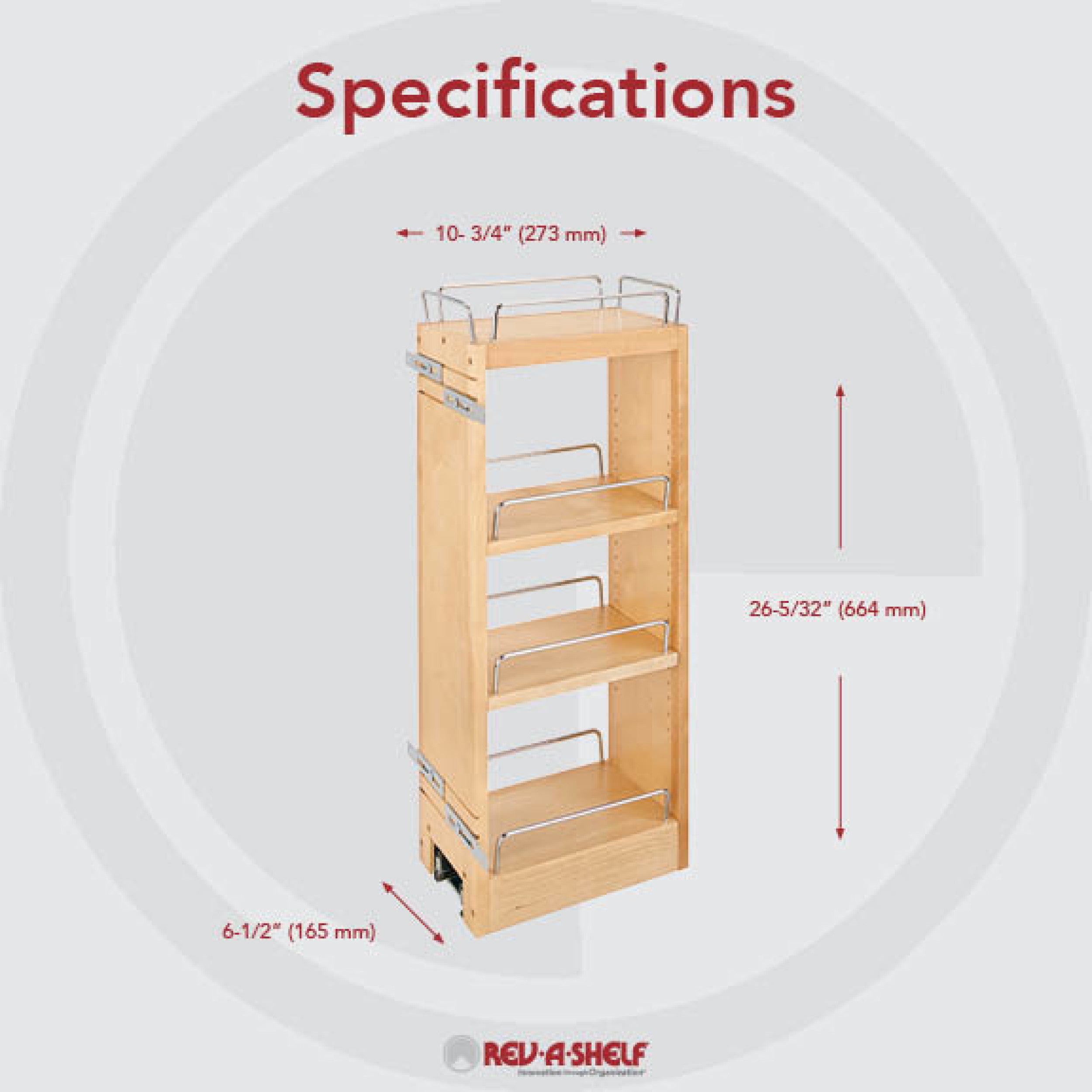 6 in Wood Pull Out Wall Organizer w/Soft Close Natural  6.5 in (165 mm) W x 10.75 in (273 mm) D x 26.15 in (664 mm) H