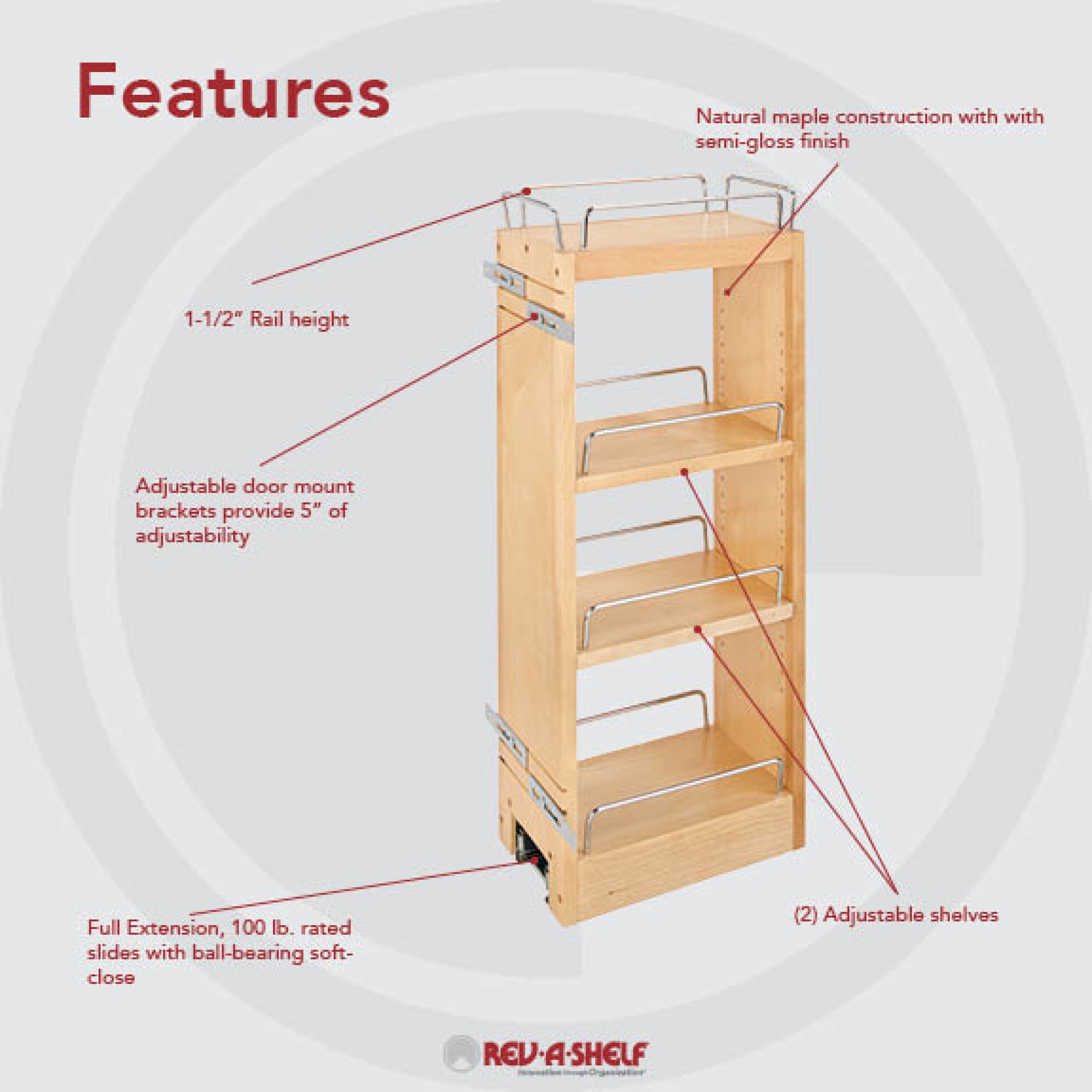 6 in Wood Pull Out Wall Organizer w/Soft Close Natural  6.5 in (165 mm) W x 10.75 in (273 mm) D x 26.15 in (664 mm) H